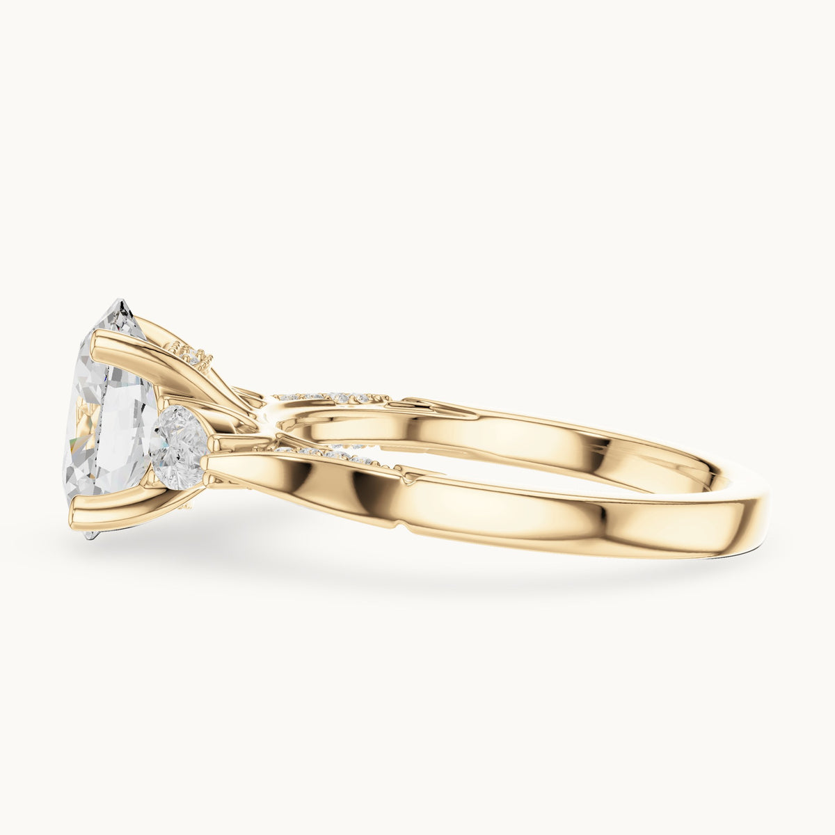 Oval lab-grown diamond three-stone engagement ring with side diamonds in yellow gold, 2.54 CT TW, view 3
