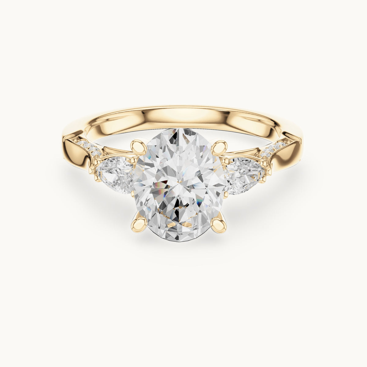 Oval lab-grown diamond three-stone engagement ring with side diamonds in yellow gold, 2.54 CT TW, view 4
