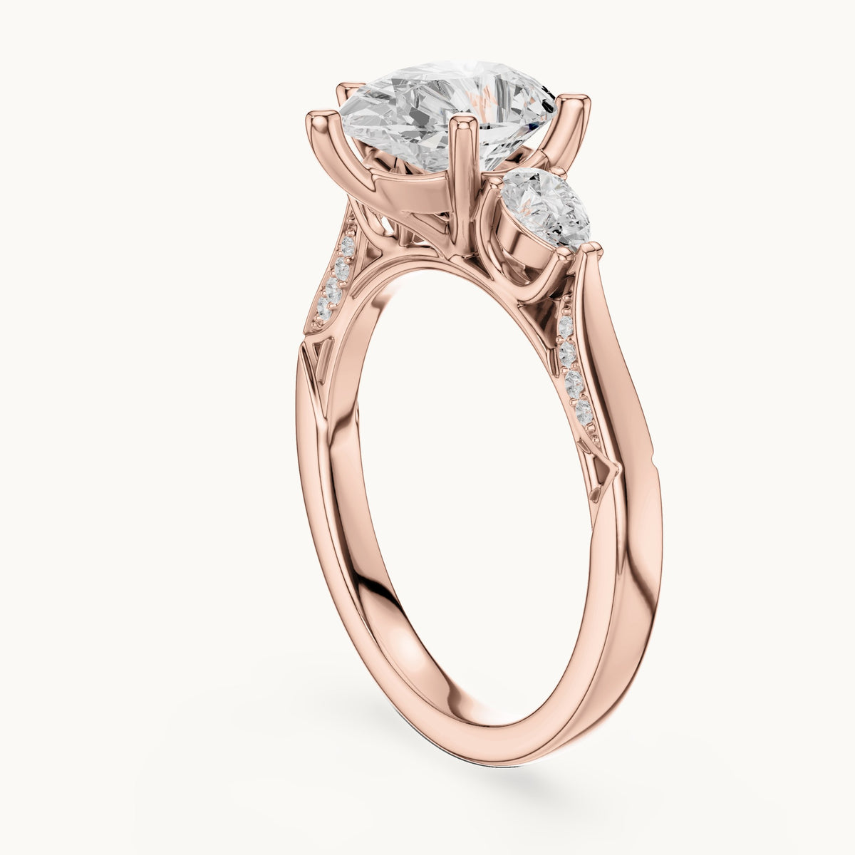 Pear lab-grown diamond three-stone engagement ring with side diamonds in rose gold, 2.534 CT TW, view 1