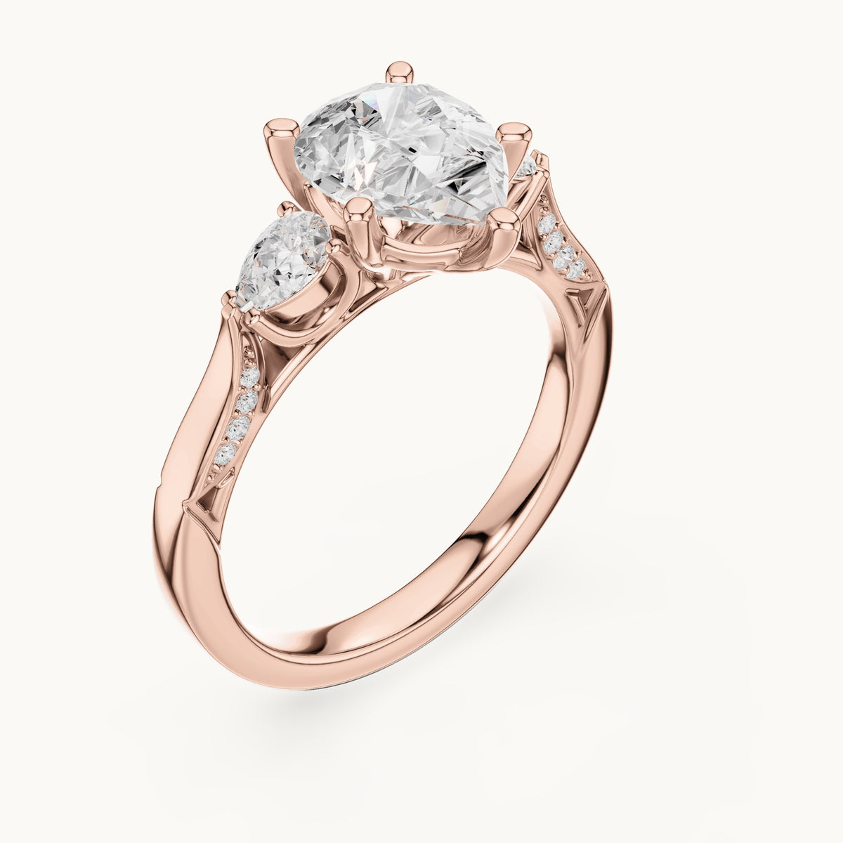 Pear lab-grown diamond three-stone engagement ring with side diamonds in rose gold, 2.534 CT TW, view 2