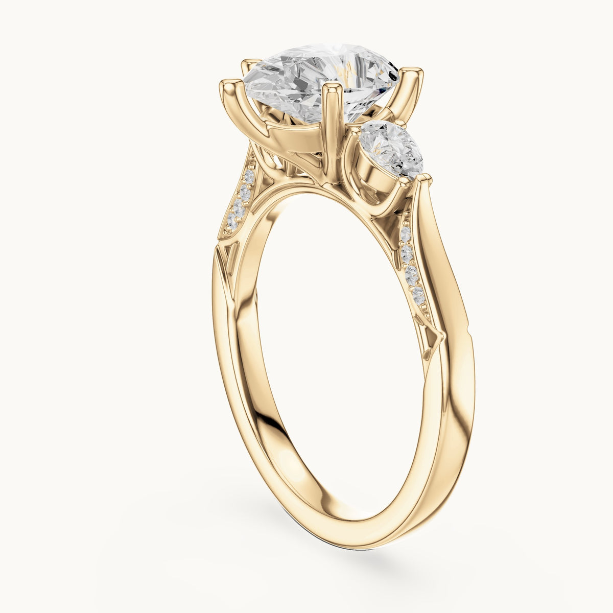 Pear lab-grown diamond three-stone engagement ring with side diamonds in yellow gold, 2.534 CT TW, view 1