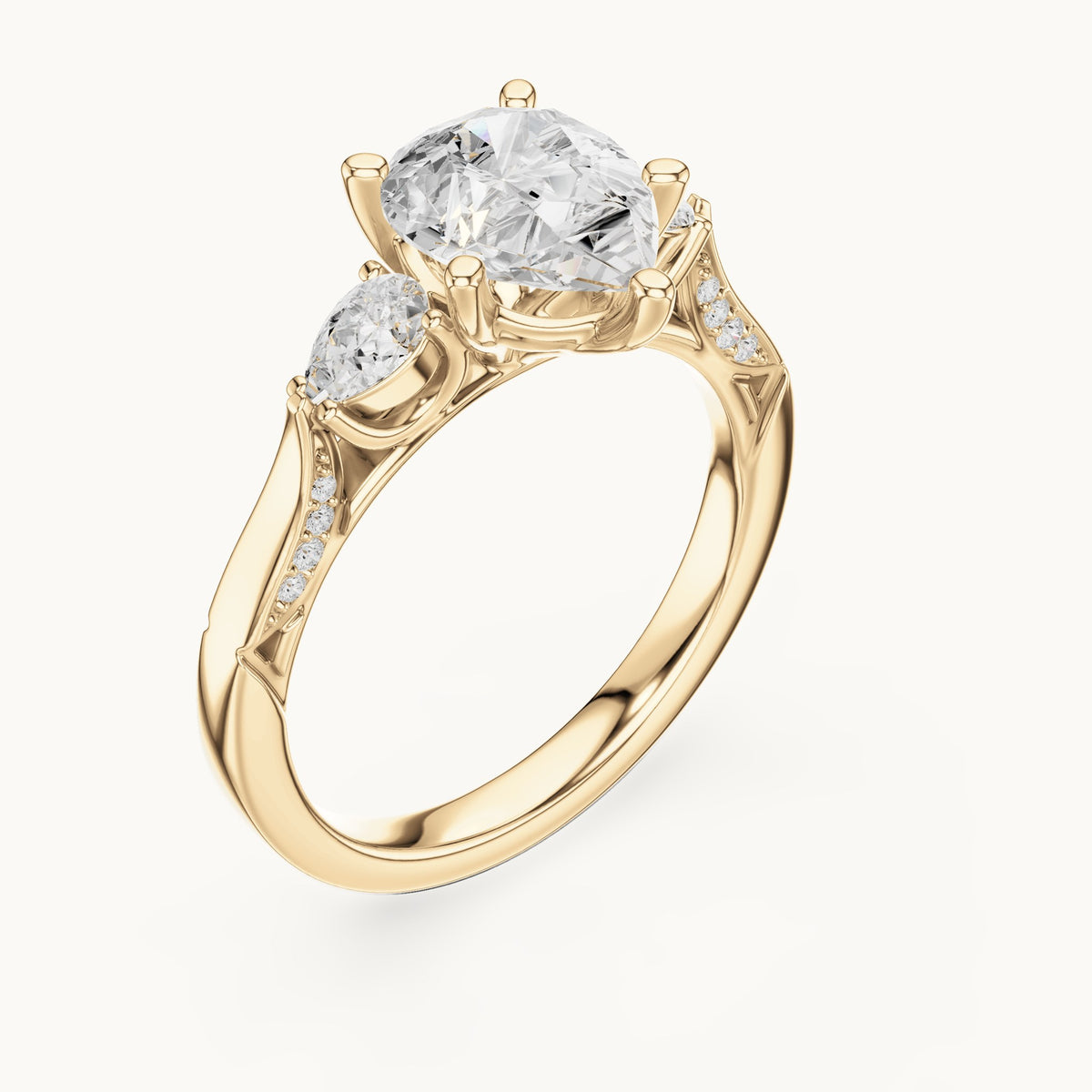 Pear lab-grown diamond three-stone engagement ring with side diamonds in yellow gold, 2.534 CT TW, view 2