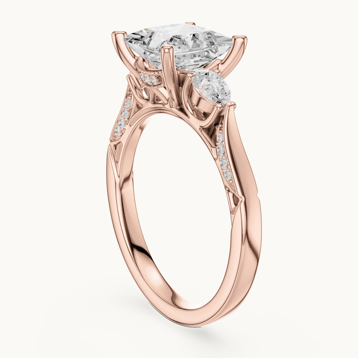 Princess-cut lab-grown diamond three-stone engagement ring with side diamonds in rose gold, 2.54 CT TW, view 1