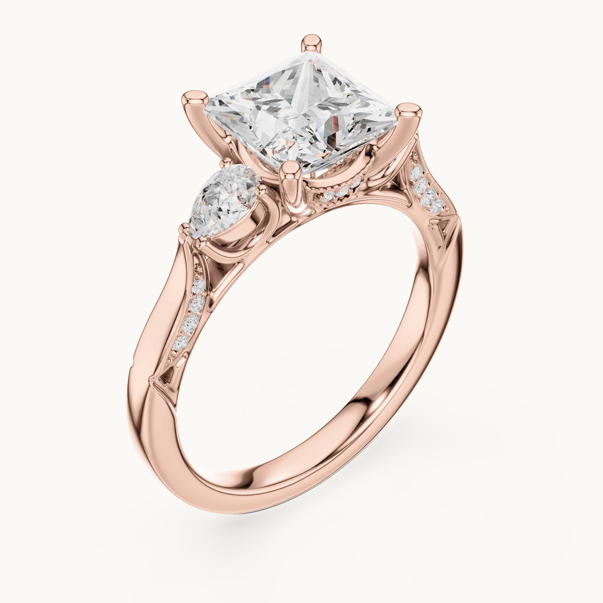 Princess-cut lab-grown diamond three-stone engagement ring with side diamonds in rose gold, 2.54 CT TW, view 2