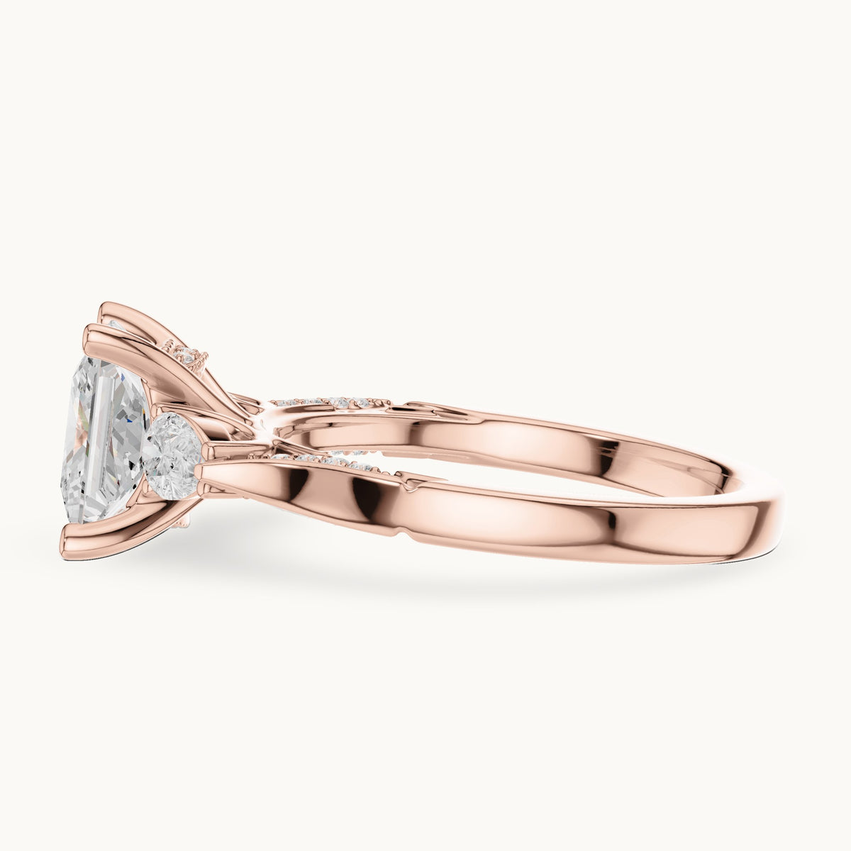 Princess-cut lab-grown diamond three-stone engagement ring with side diamonds in rose gold, 2.54 CT TW, view 3