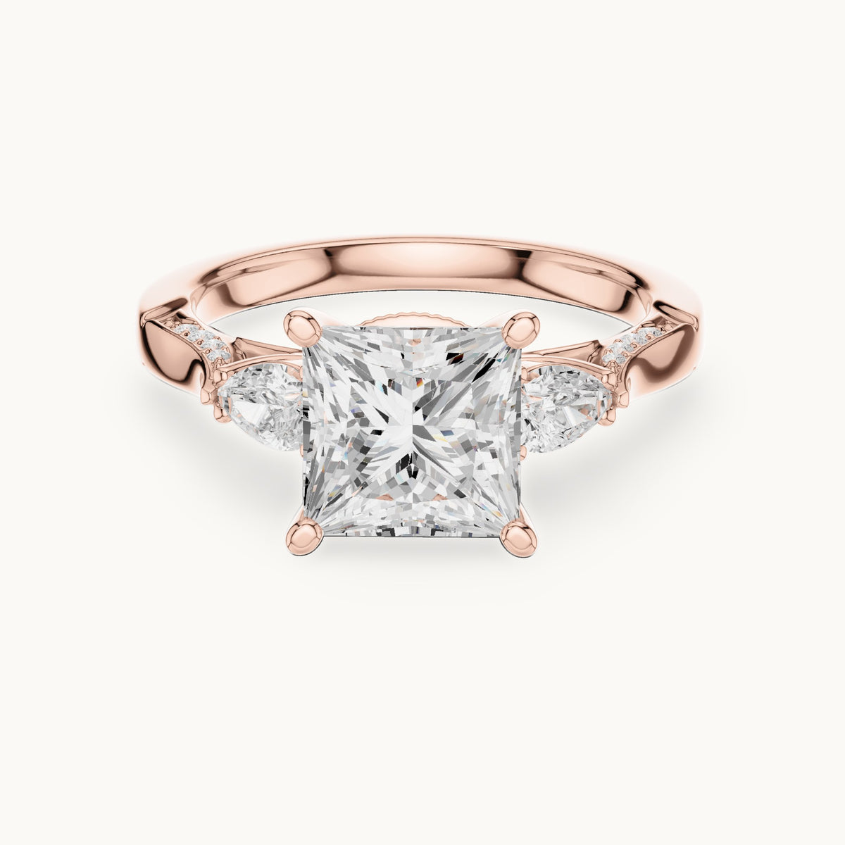 Princess-cut lab-grown diamond three-stone engagement ring with side diamonds in rose gold, 2.54 CT TW, view 4