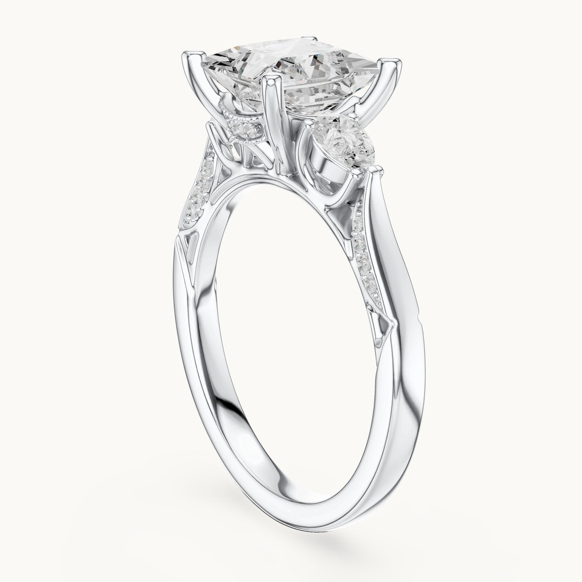 Princess-cut lab-grown diamond three-stone engagement ring with side diamonds in white gold, 2.54 CT TW, view 1