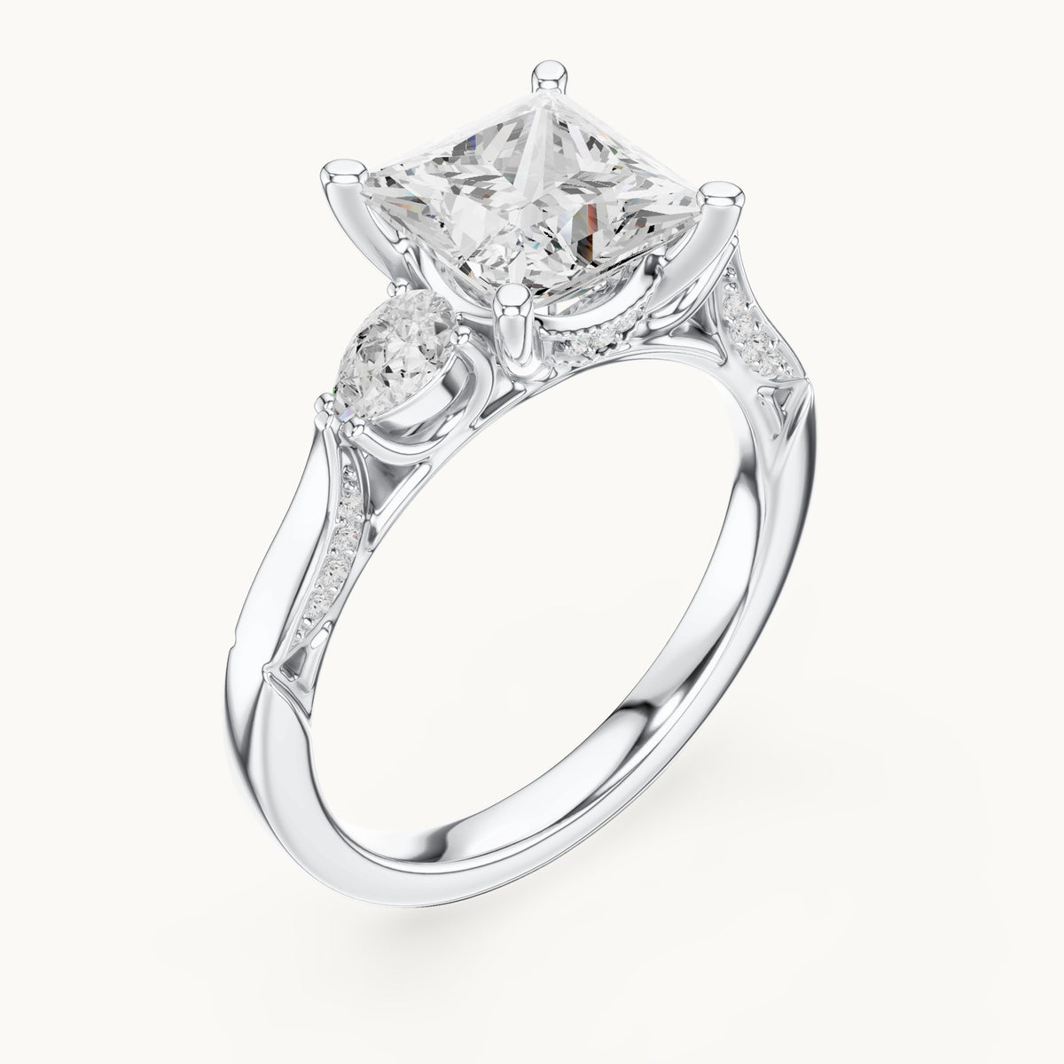 Princess-cut lab-grown diamond three-stone engagement ring with side diamonds in white gold, 2.54 CT TW, view 2