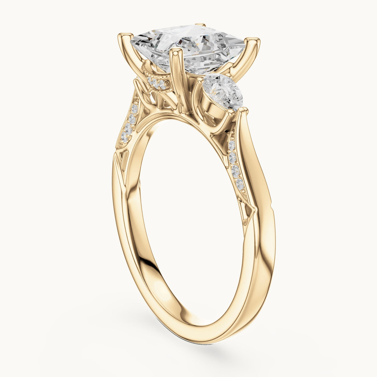 Princess-cut lab-grown diamond three-stone engagement ring with side diamonds in yellow gold, 2.54 CT TW, view 1