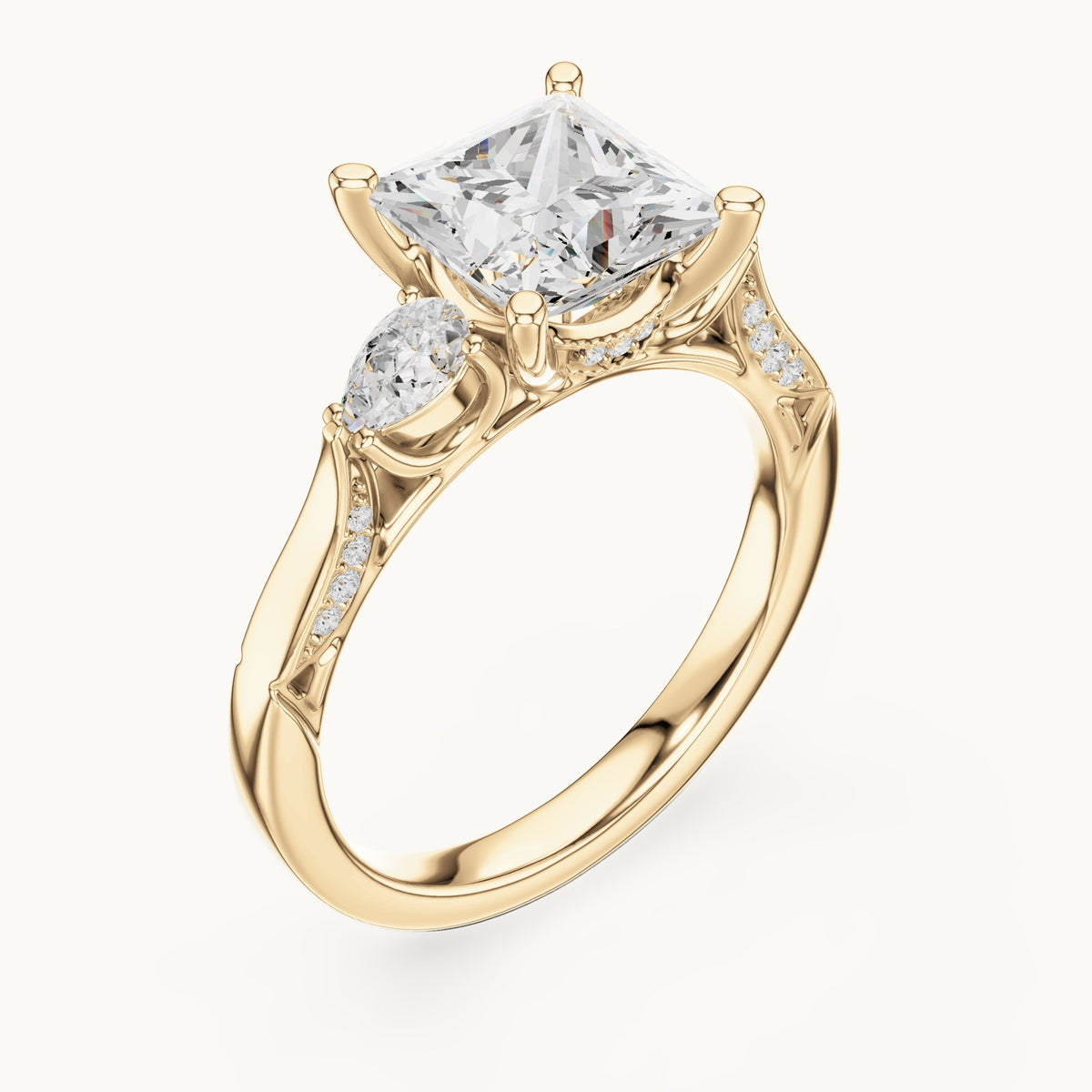 Princess-cut lab-grown diamond three-stone engagement ring with side diamonds in yellow gold, 2.54 CT TW, view 2