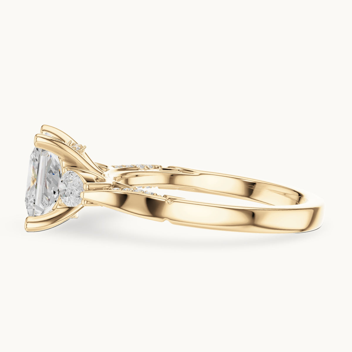 Princess-cut lab-grown diamond three-stone engagement ring with side diamonds in yellow gold, 2.54 CT TW, view 3