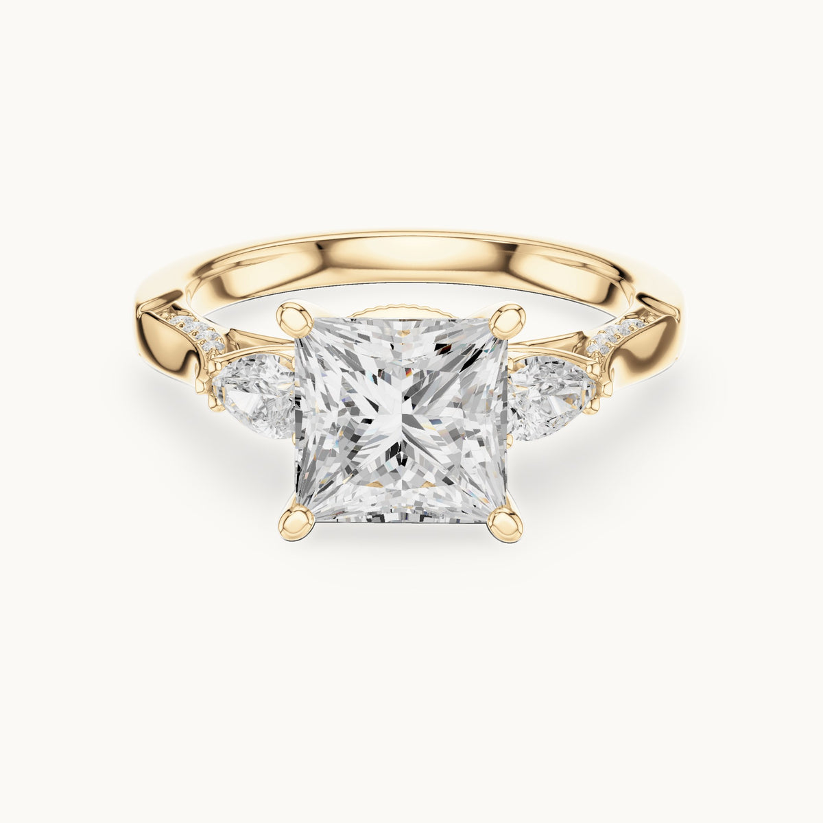 Princess-cut lab-grown diamond three-stone engagement ring with side diamonds in yellow gold, 2.54 CT TW, view 4