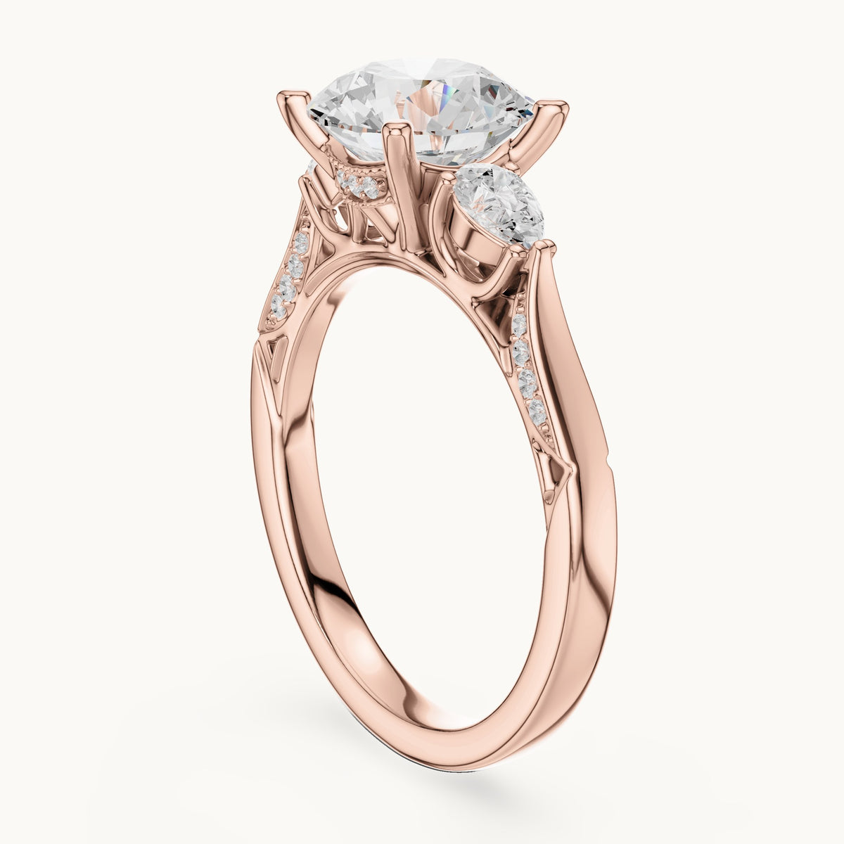 Round lab-grown diamond three-stone engagement ring with side diamonds in rose gold, 2.54 CT TW, view 1