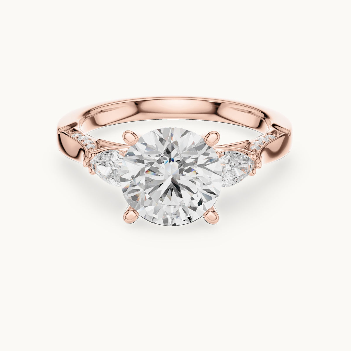 Round lab-grown diamond three-stone engagement ring with side diamonds in rose gold, 2.54 CT TW, view 4