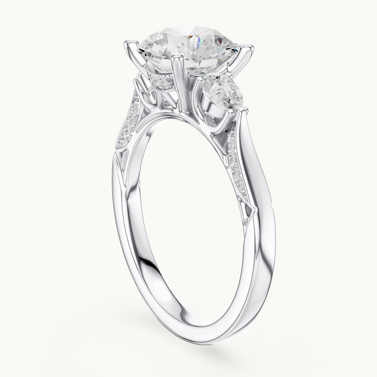 Round lab-grown diamond three-stone engagement ring with side diamonds in white gold, 2.54 CT TW, view 1