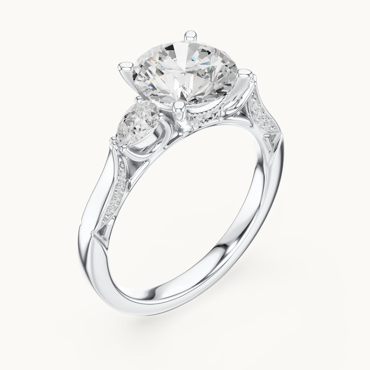 Round lab-grown diamond three-stone engagement ring with side diamonds in white gold, 2.54 CT TW, view 2