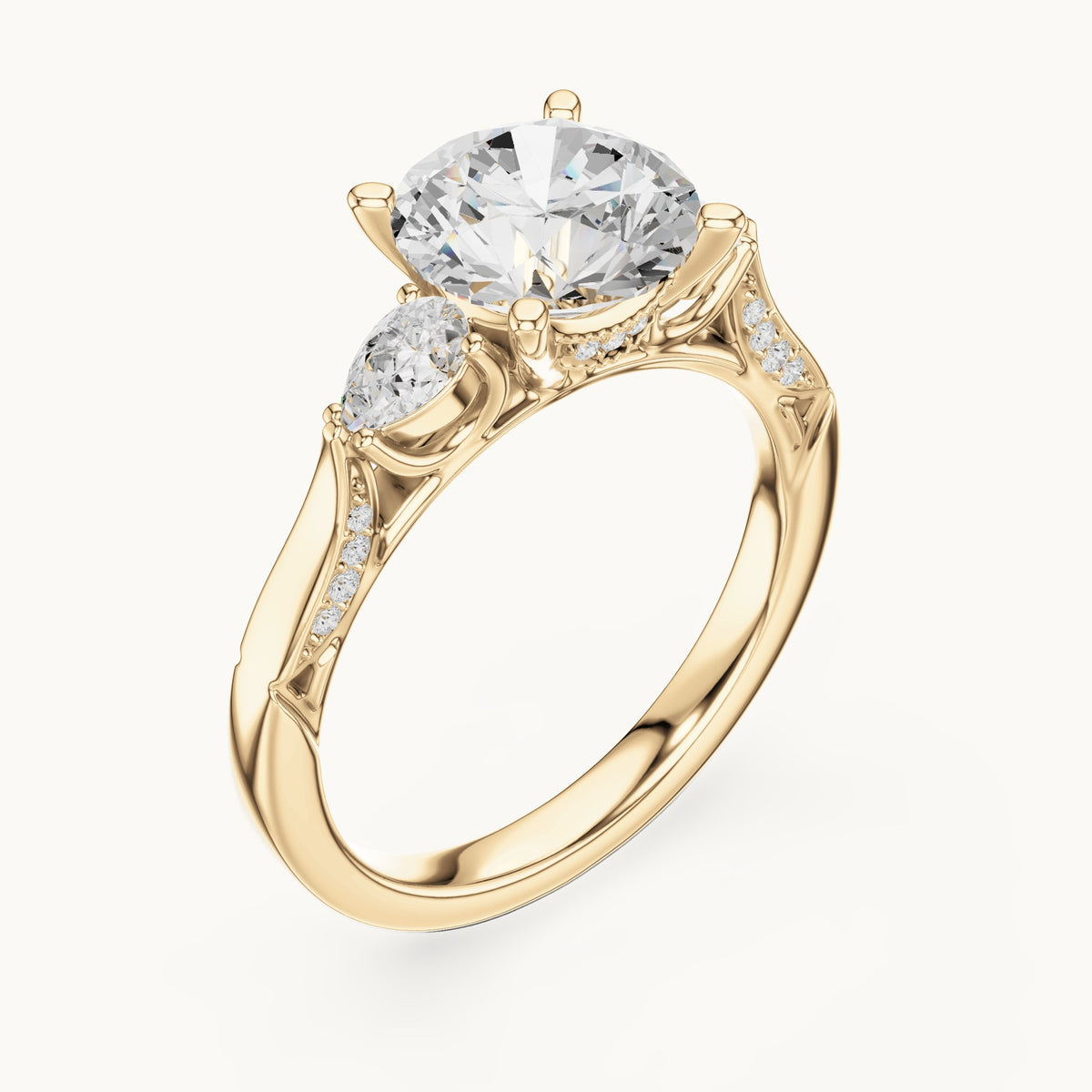 Round lab-grown diamond three-stone engagement ring with side diamonds in yellow gold, 2.54 CT TW, view 2