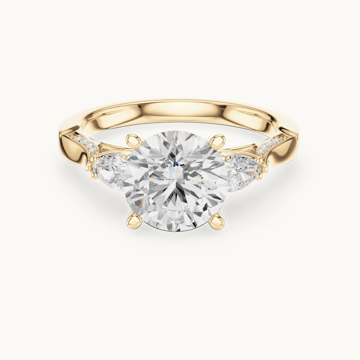 Round lab-grown diamond three-stone engagement ring with side diamonds in yellow gold, 2.54 CT TW, view 4