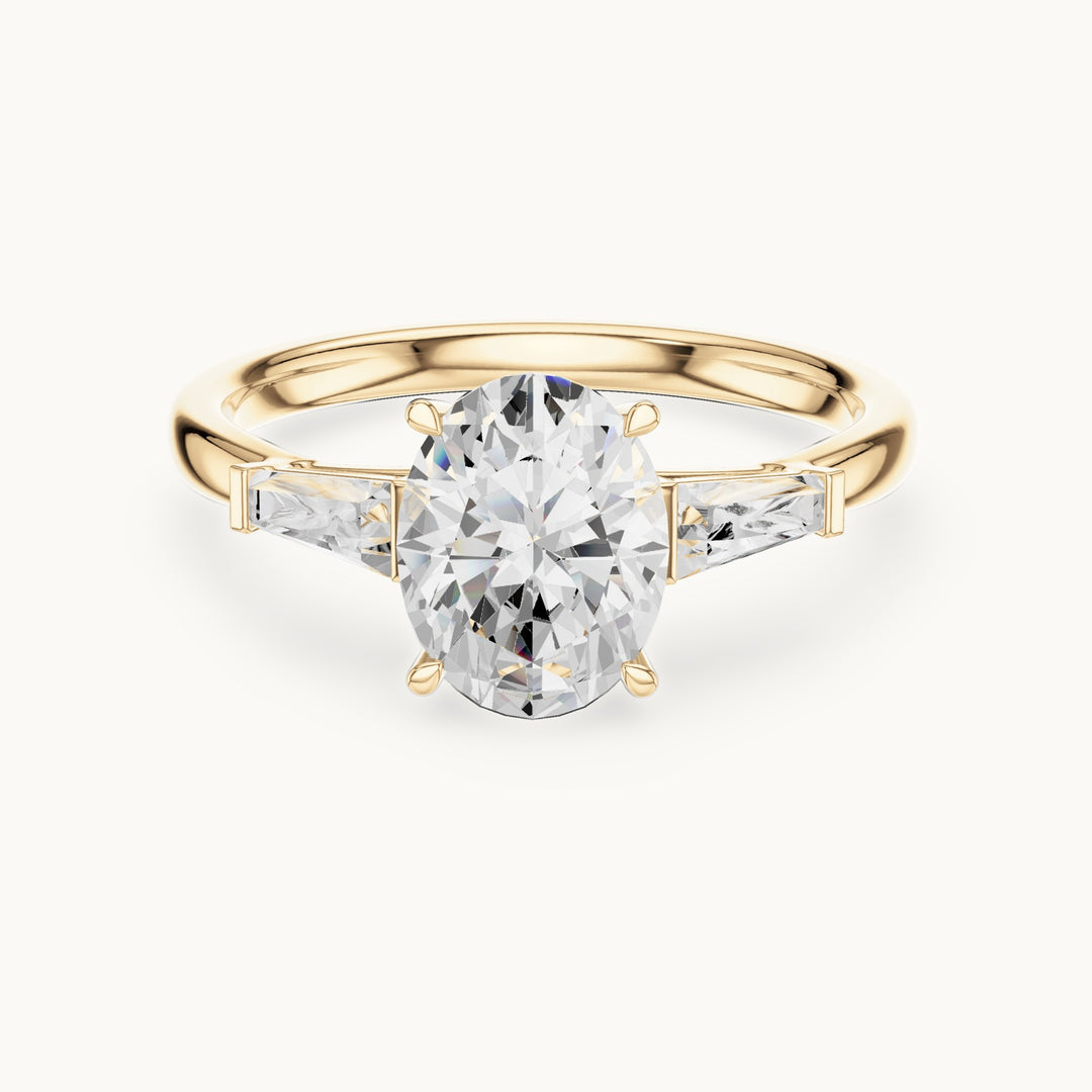Oval lab-grown diamond three-stone tapered baguette engagement ring in yellow gold, 2.00 CT TW, view 4