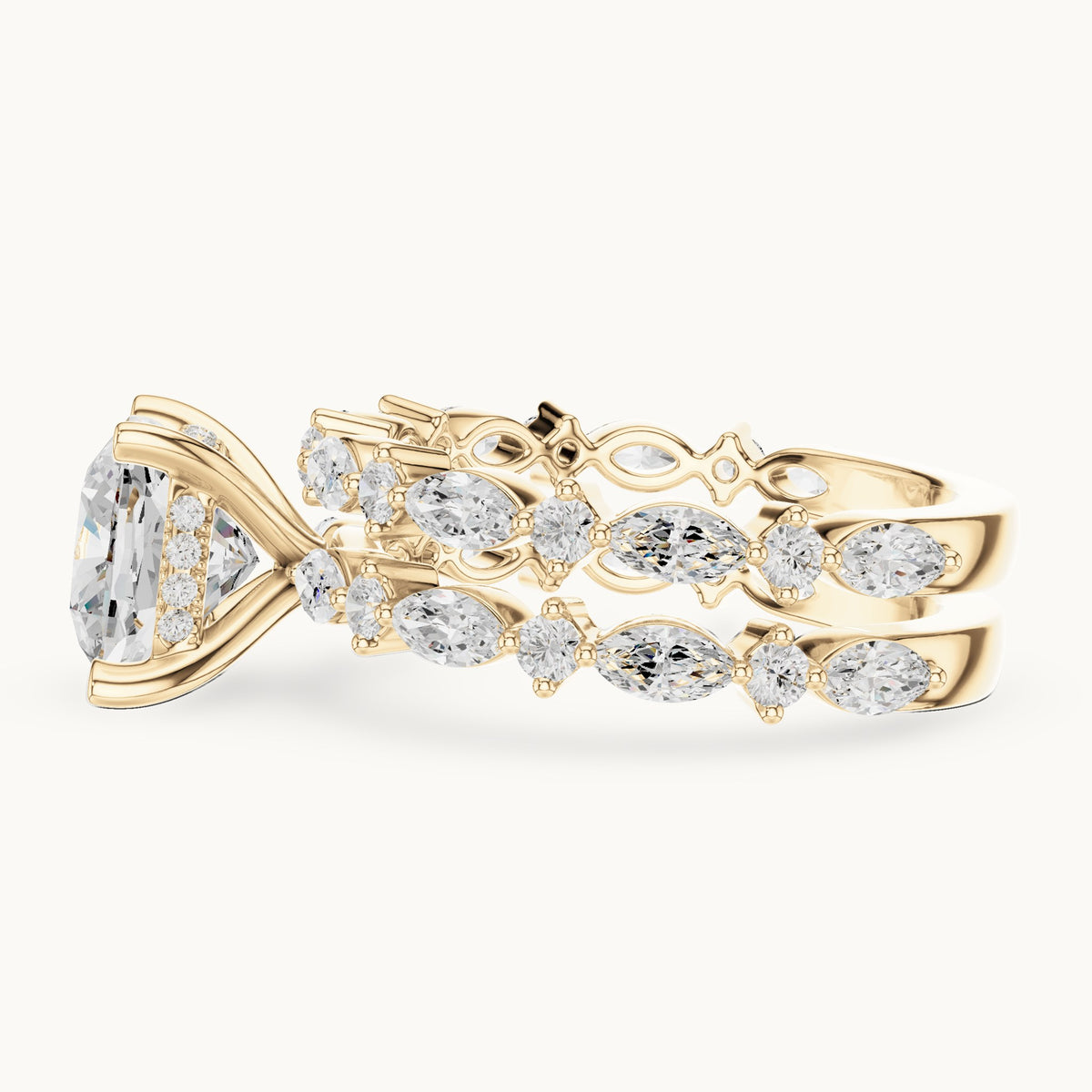 Cushion-cut lab-grown diamond station bridal set in yellow gold, 4.97 CT TW, view 3