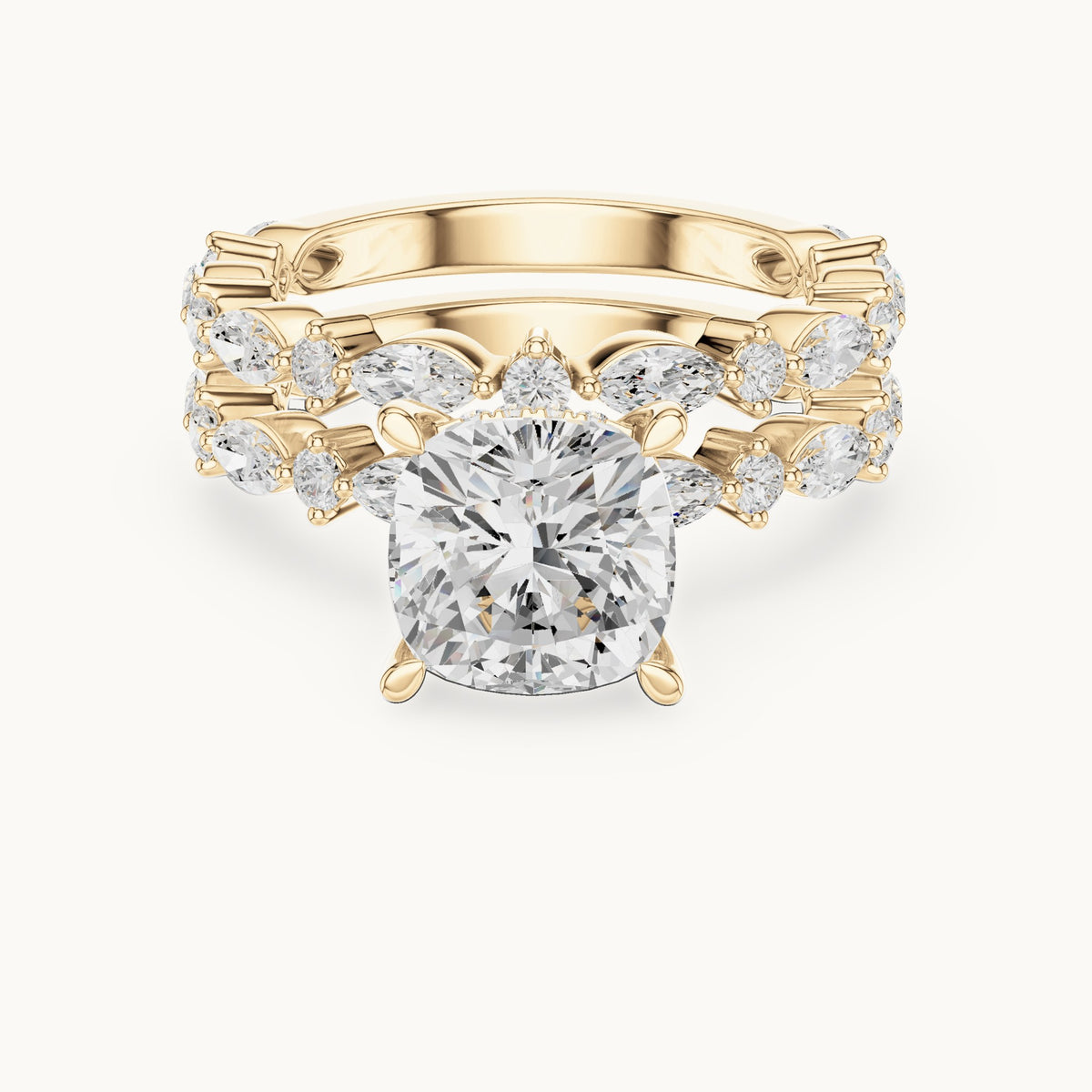 Cushion-cut lab-grown diamond station bridal set in yellow gold, 4.97 CT TW, view 4