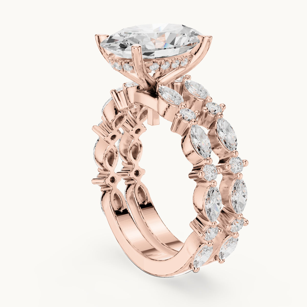Oval lab-grown diamond station bridal set in rose gold, 4.14 CT TW, view 1