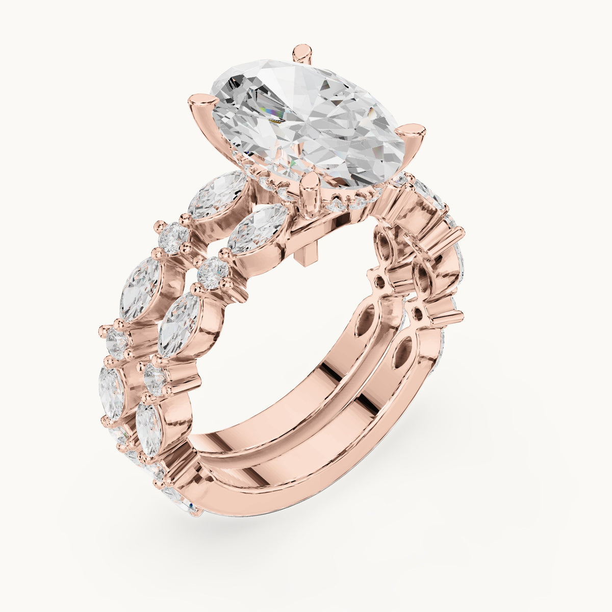 Oval lab-grown diamond station bridal set in rose gold, 4.14 CT TW, view 2