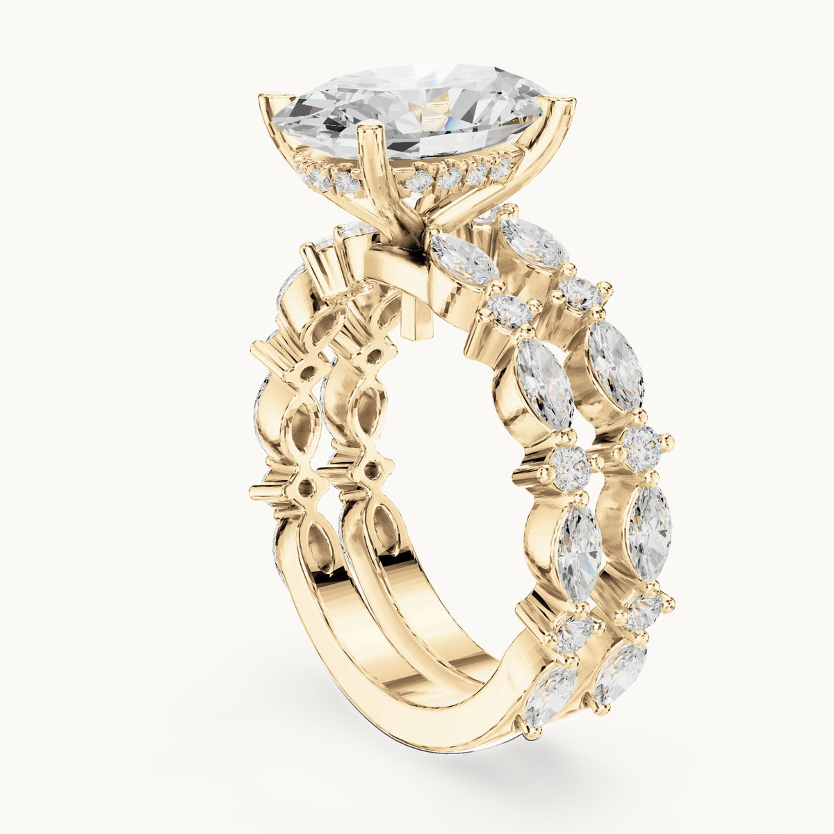 Oval lab-grown diamond station bridal set in yellow gold, 4.14 CT TW, view 1