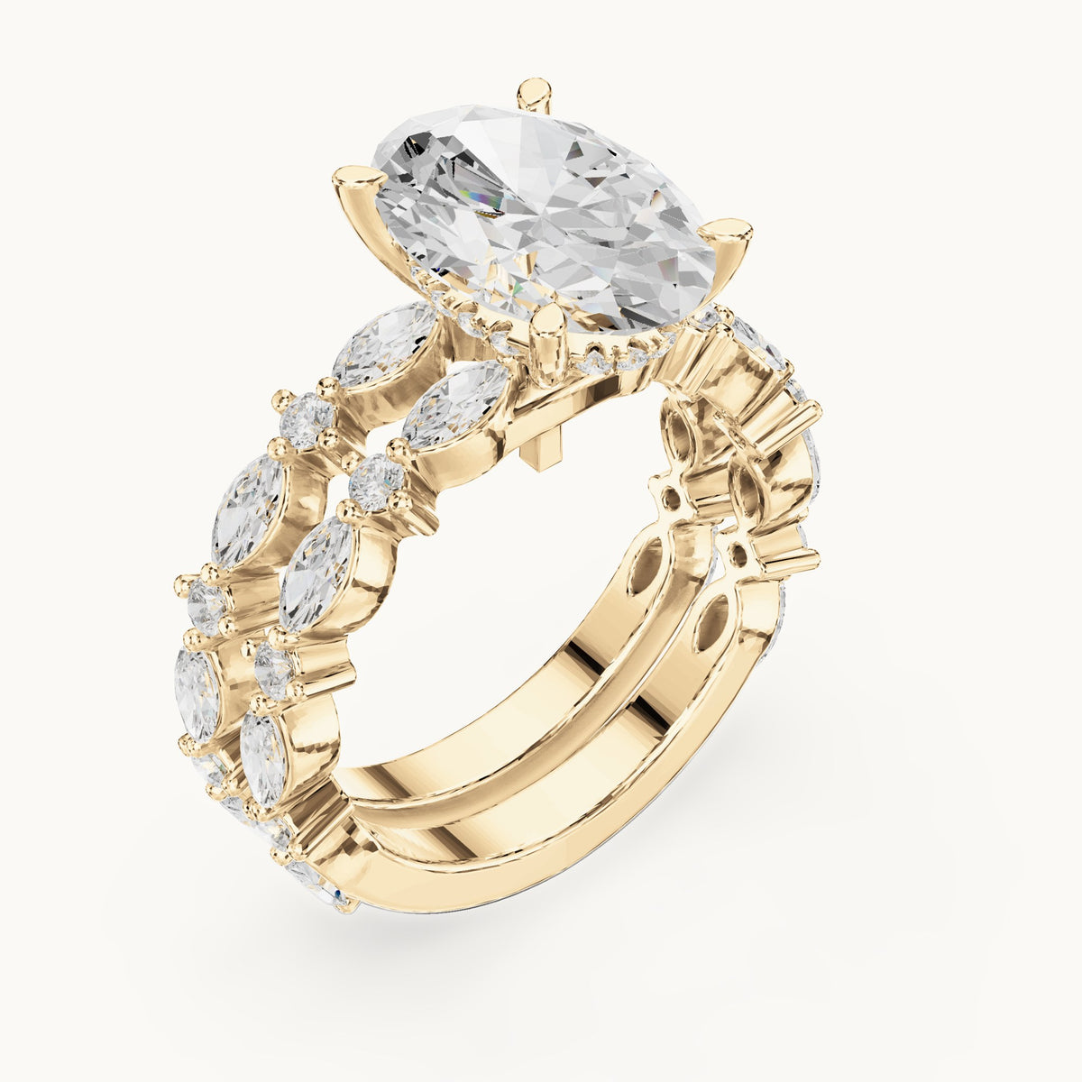 Oval lab-grown diamond station bridal set in yellow gold, 4.14 CT TW, view 2