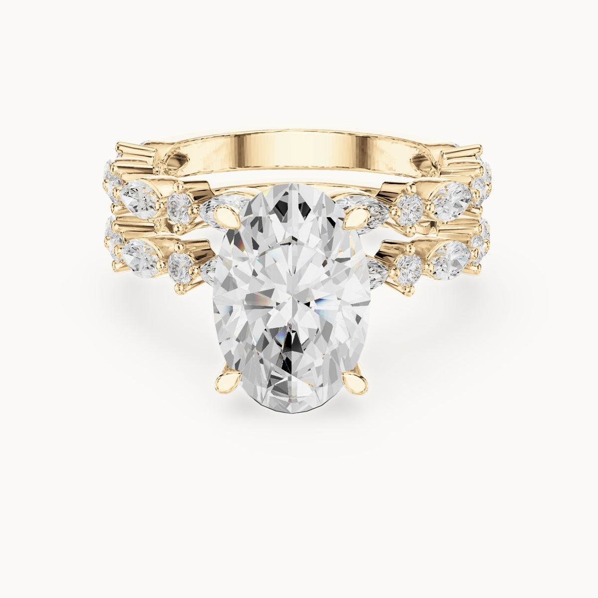 Oval lab-grown diamond station bridal set in yellow gold, 4.14 CT TW, view 4