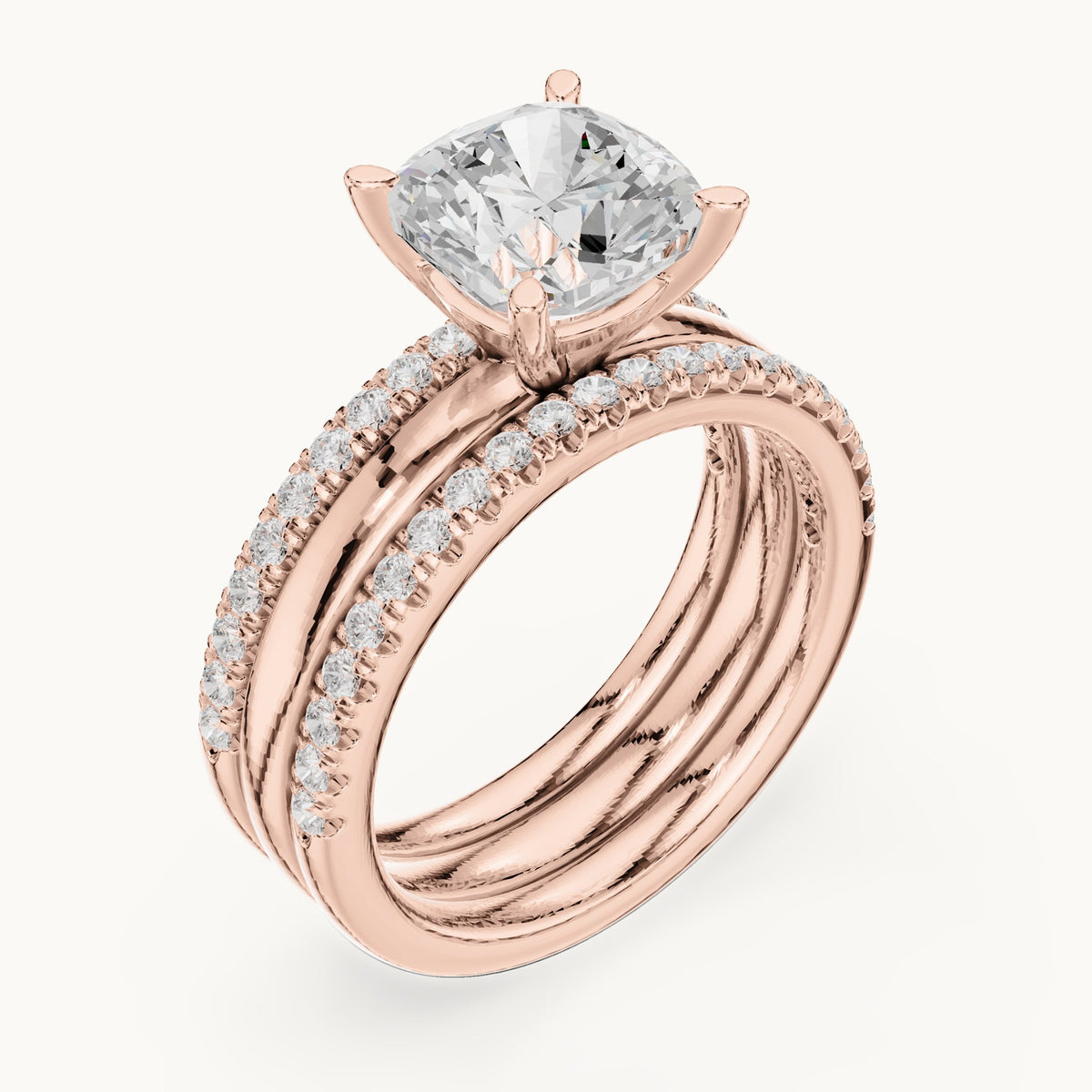 Cushion-cut lab-grown diamond three-piece pavé bridal set in rose gold, 3.504 CT TW, view 2