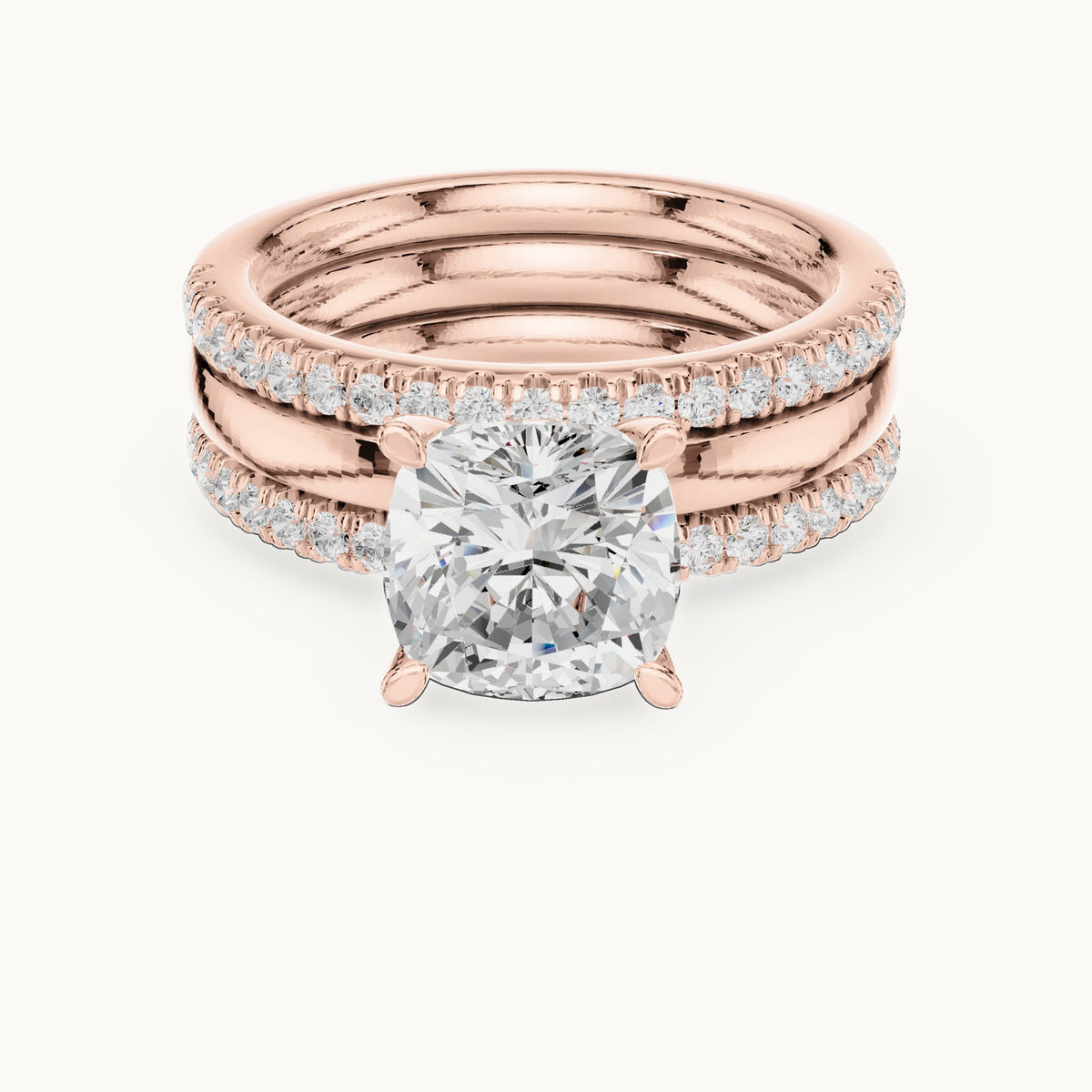 Cushion-cut lab-grown diamond three-piece pavé bridal set in rose gold, 3.504 CT TW, view 4