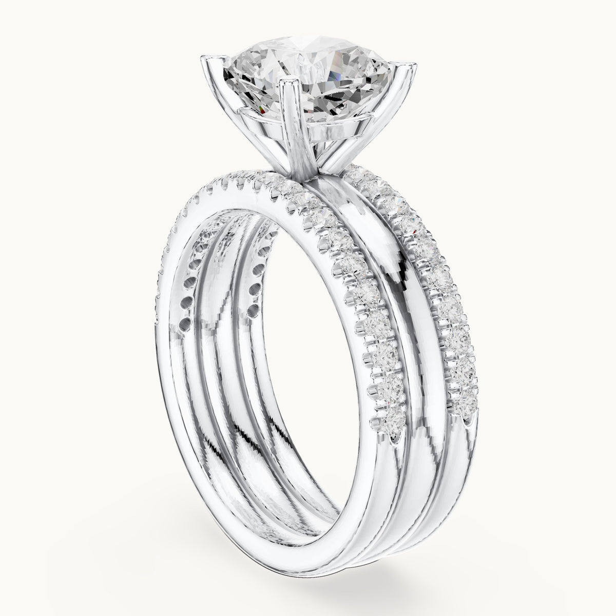 Cushion-cut lab-grown diamond three-piece pavé bridal set in white gold, 3.504 CT TW, view 1