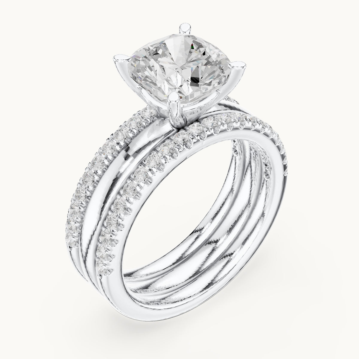 Cushion-cut lab-grown diamond three-piece pavé bridal set in white gold, 3.504 CT TW, view 2