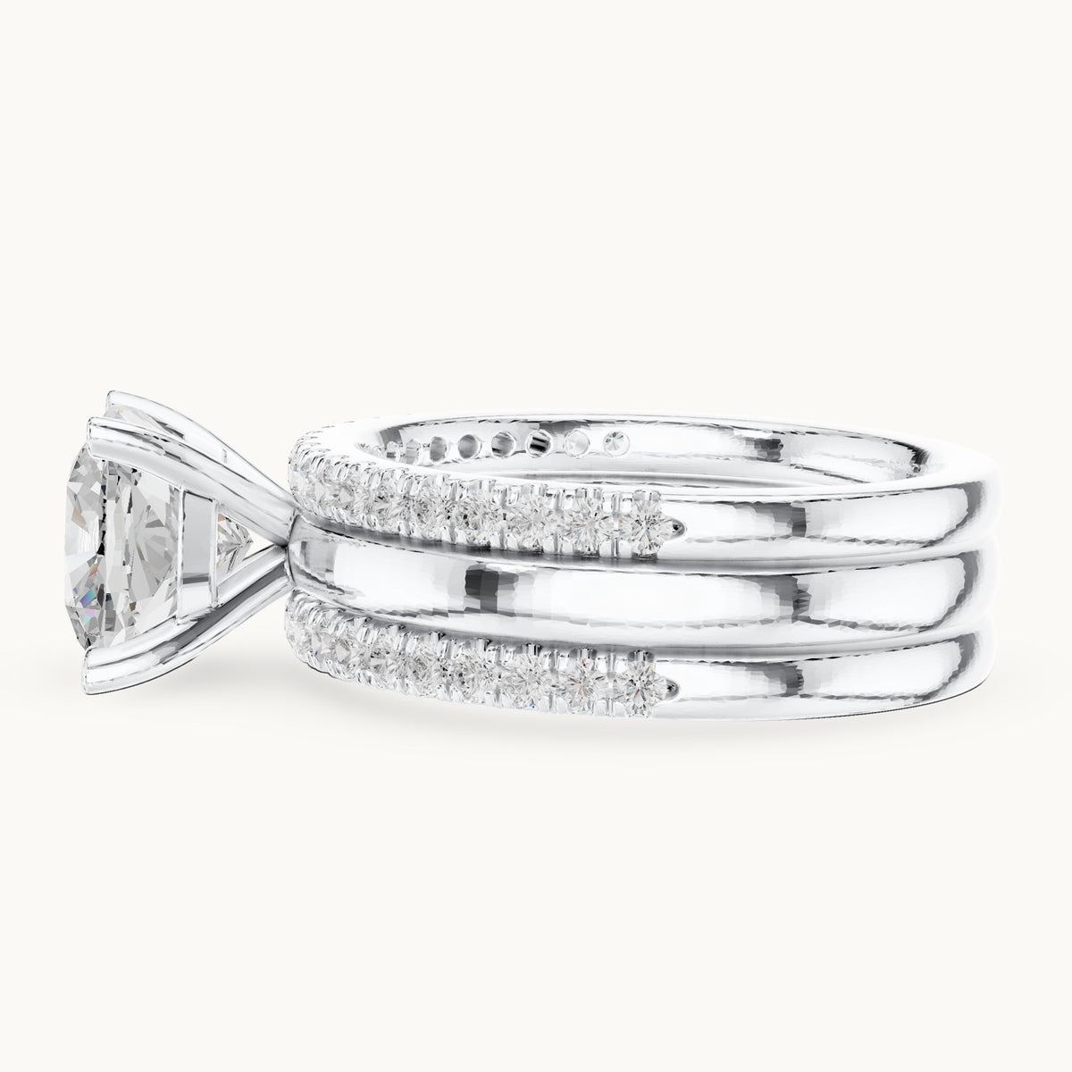 Cushion-cut lab-grown diamond three-piece pavé bridal set in white gold, 3.504 CT TW, view 3