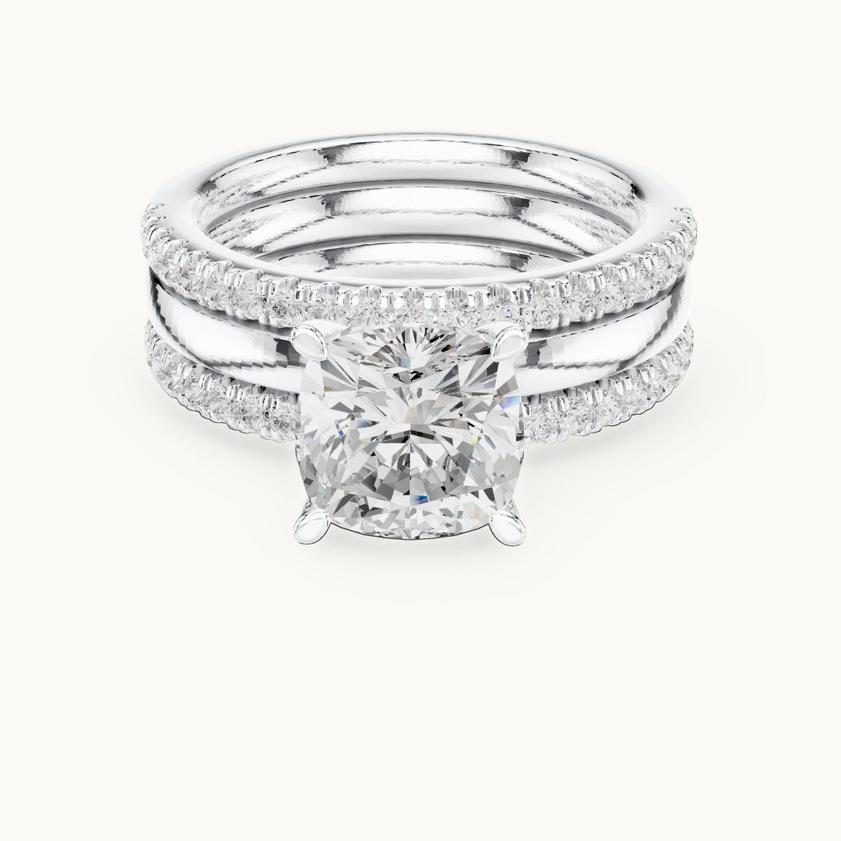 Cushion-cut lab-grown diamond three-piece pavé bridal set in white gold, 3.504 CT TW, view 4