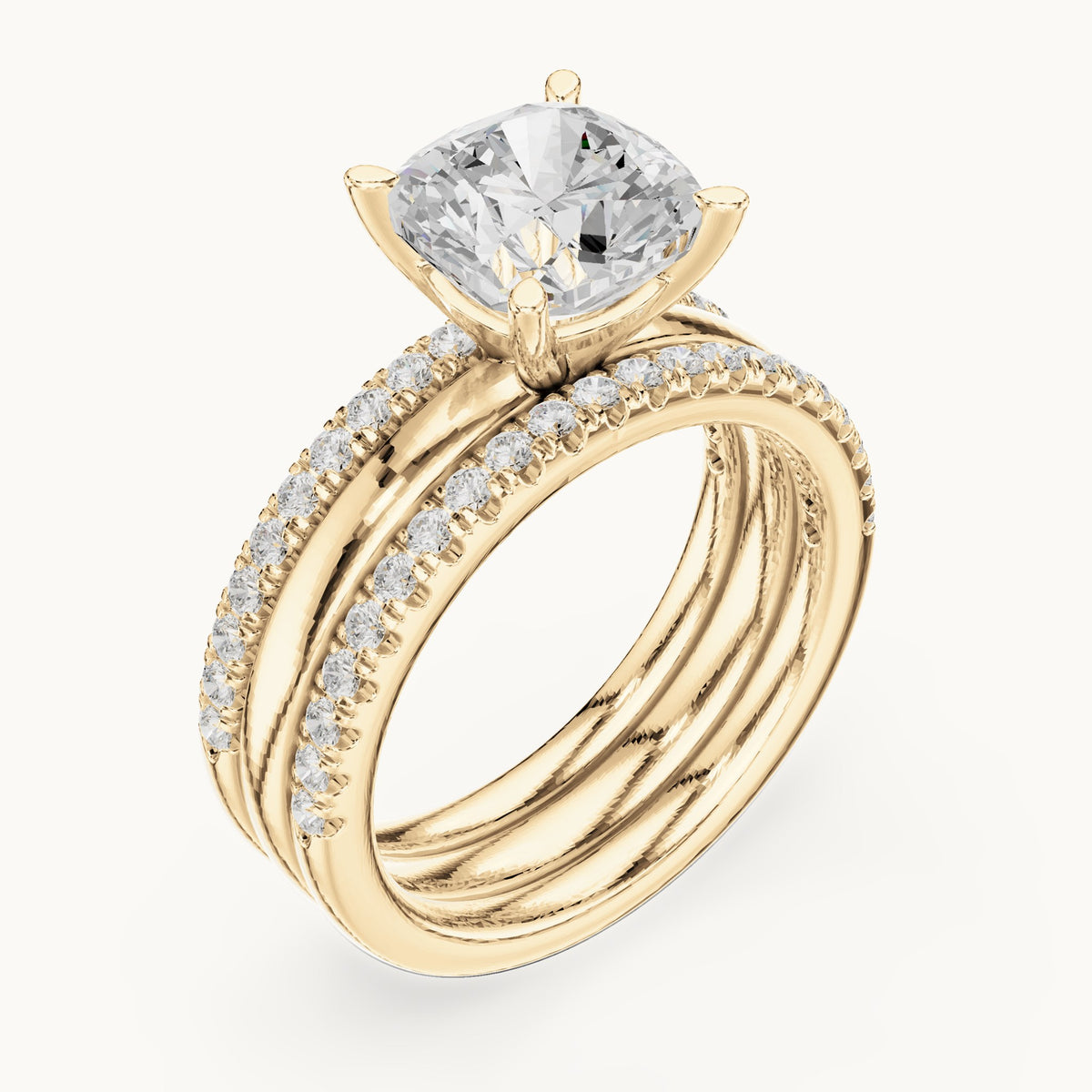 Cushion-cut lab-grown diamond three-piece pavé bridal set in yellow gold, 3.504 CT TW, view 2