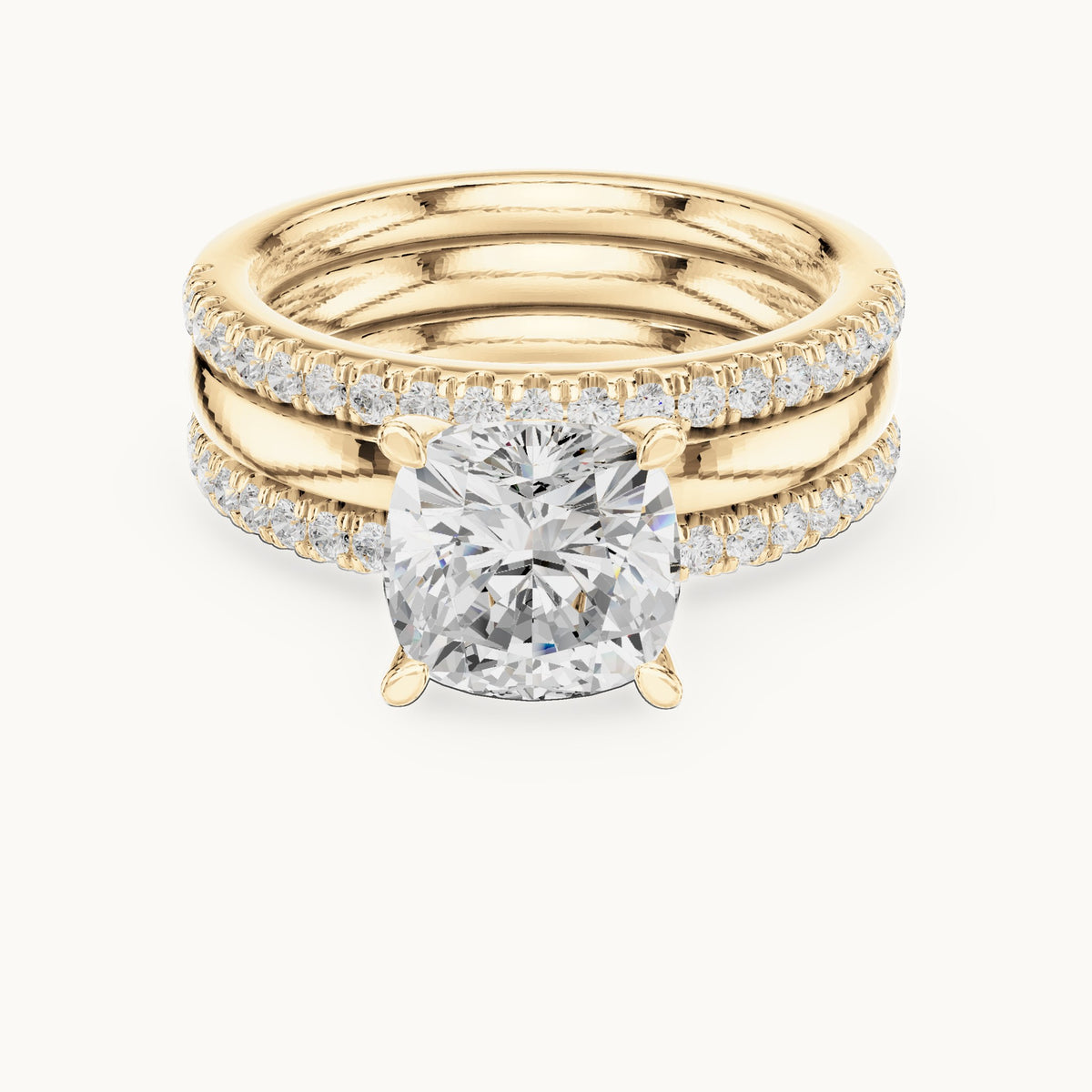 Cushion-cut lab-grown diamond three-piece pavé bridal set in yellow gold, 3.504 CT TW, view 4