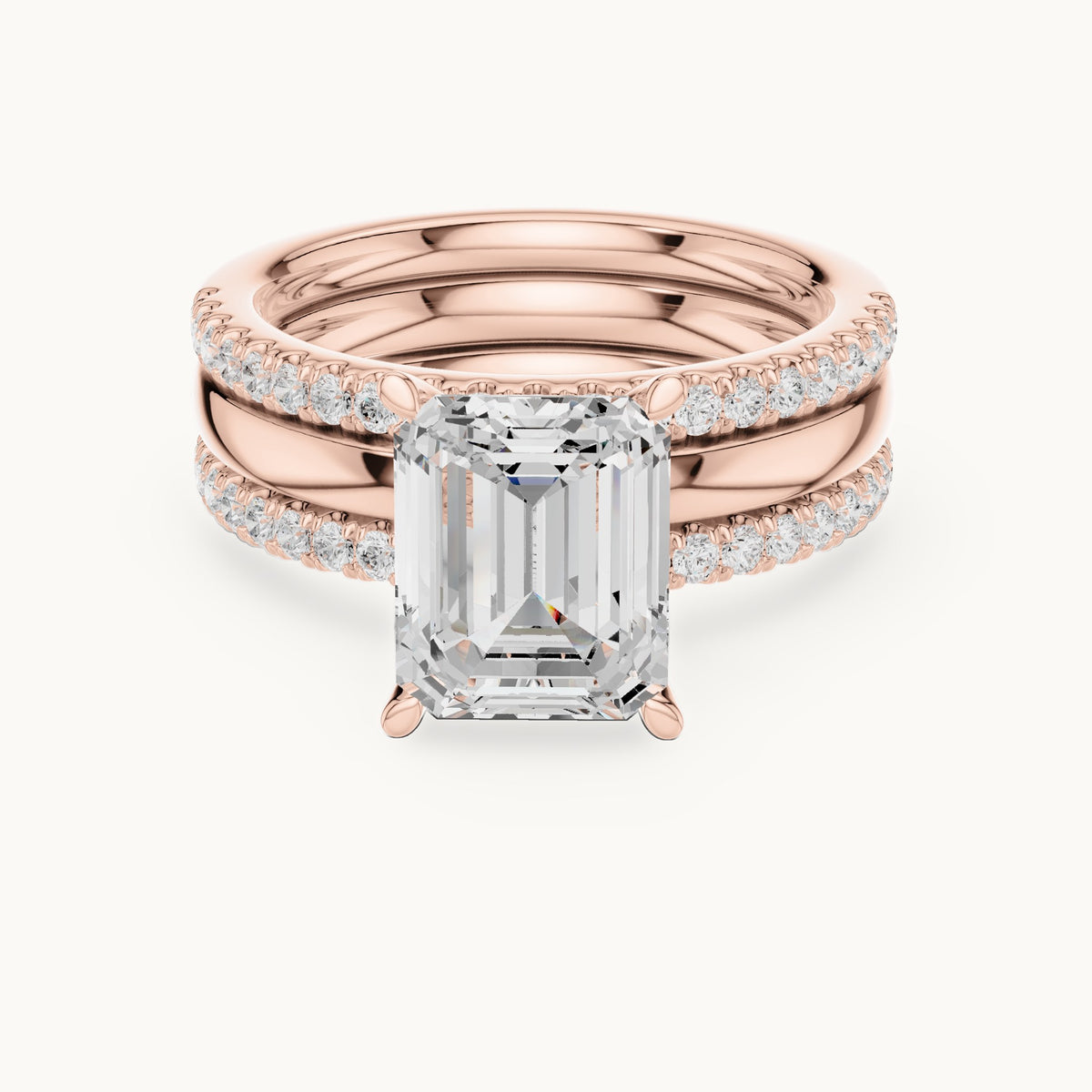 Emerald-cut lab-grown diamond three-piece pavé bridal set in rose gold, 3.50 CT TW, view 4