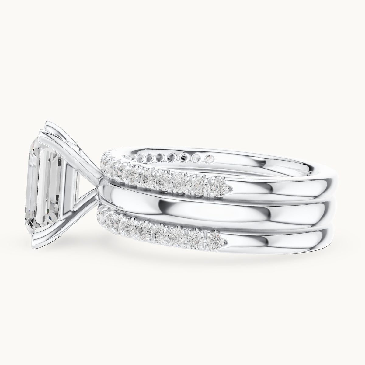 Emerald-cut lab-grown diamond three-piece pavé bridal set in white gold, 3.50 CT TW, view 3