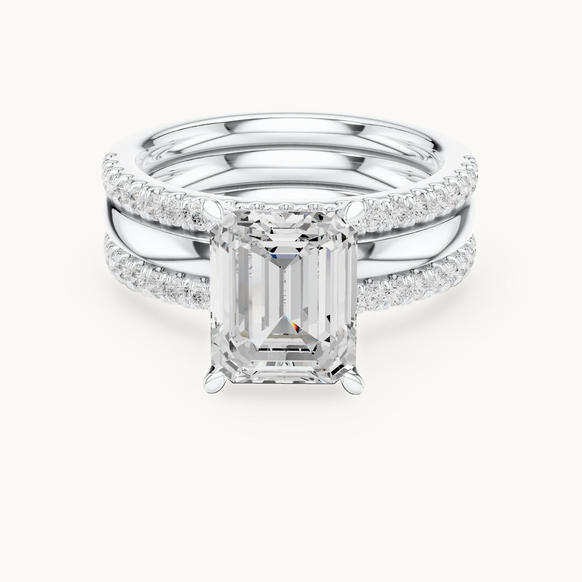 Emerald-cut lab-grown diamond three-piece pavé bridal set in white gold, 3.50 CT TW, view 4