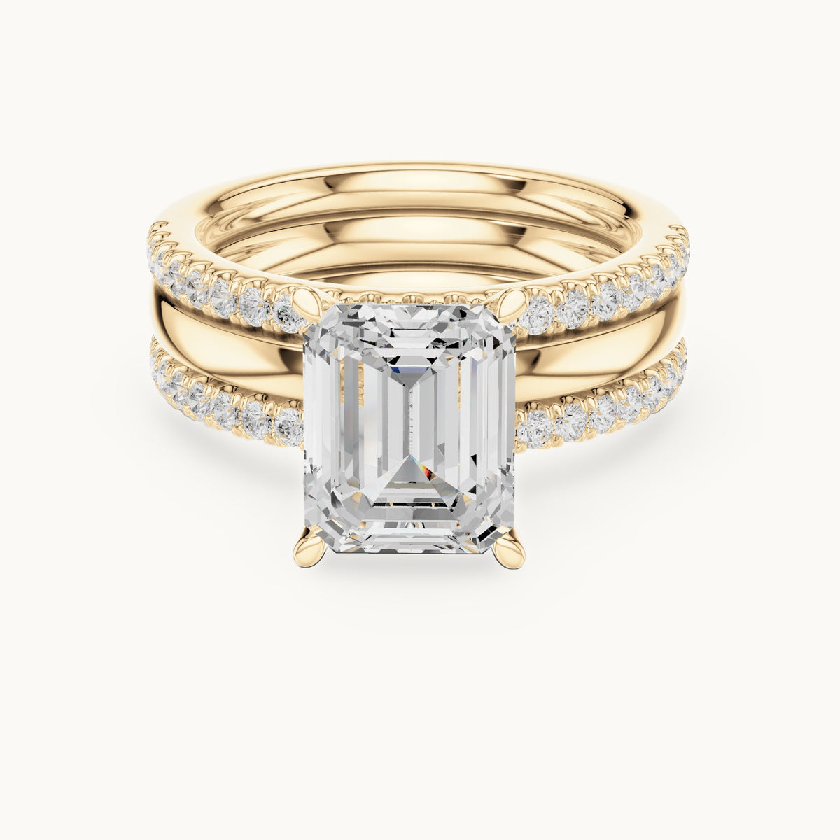 Emerald-cut lab-grown diamond three-piece pavé bridal set in yellow gold, 3.50 CT TW, view 4