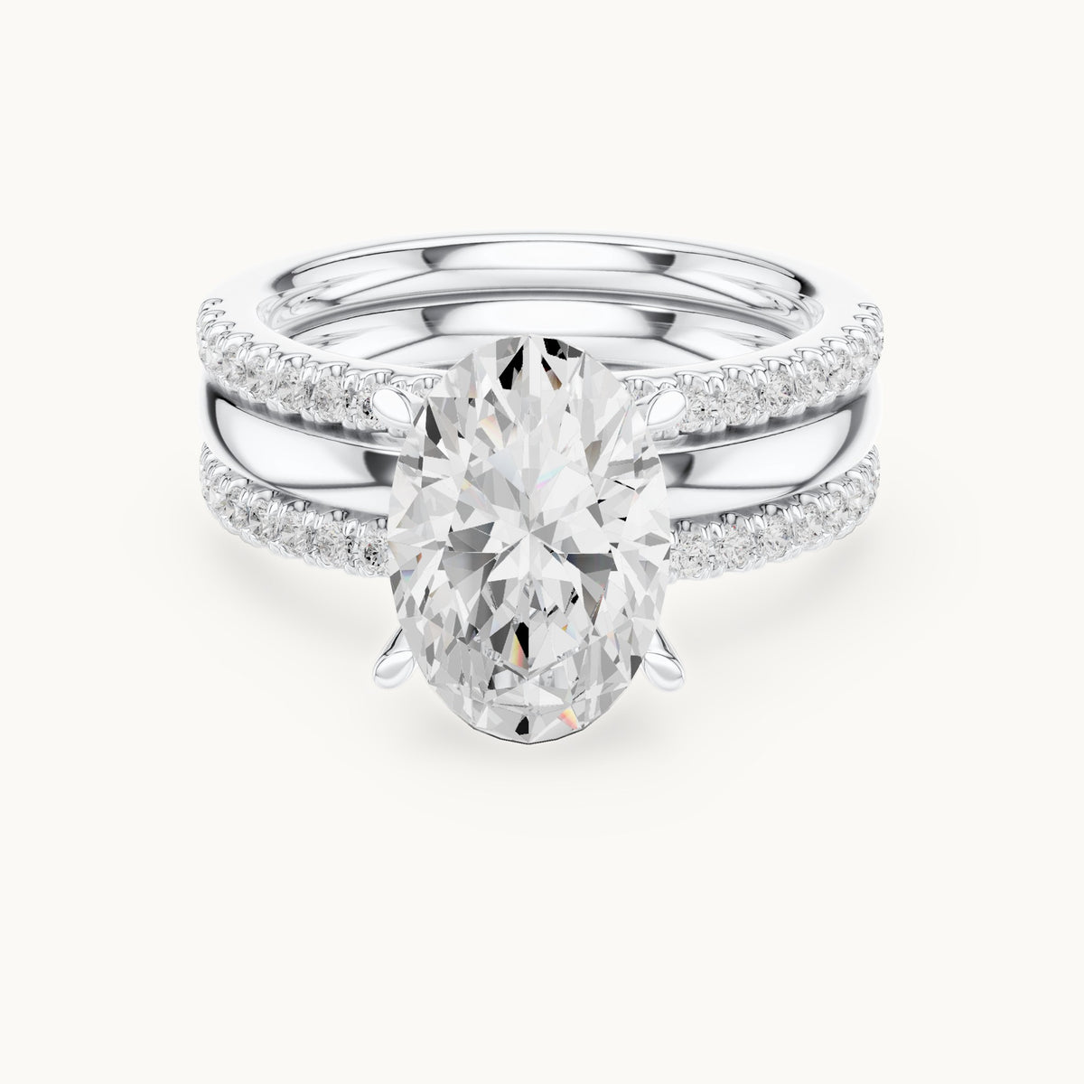 Oval lab-grown diamond three-piece pavé bridal set in white gold, 3.50 CT TW, view 4