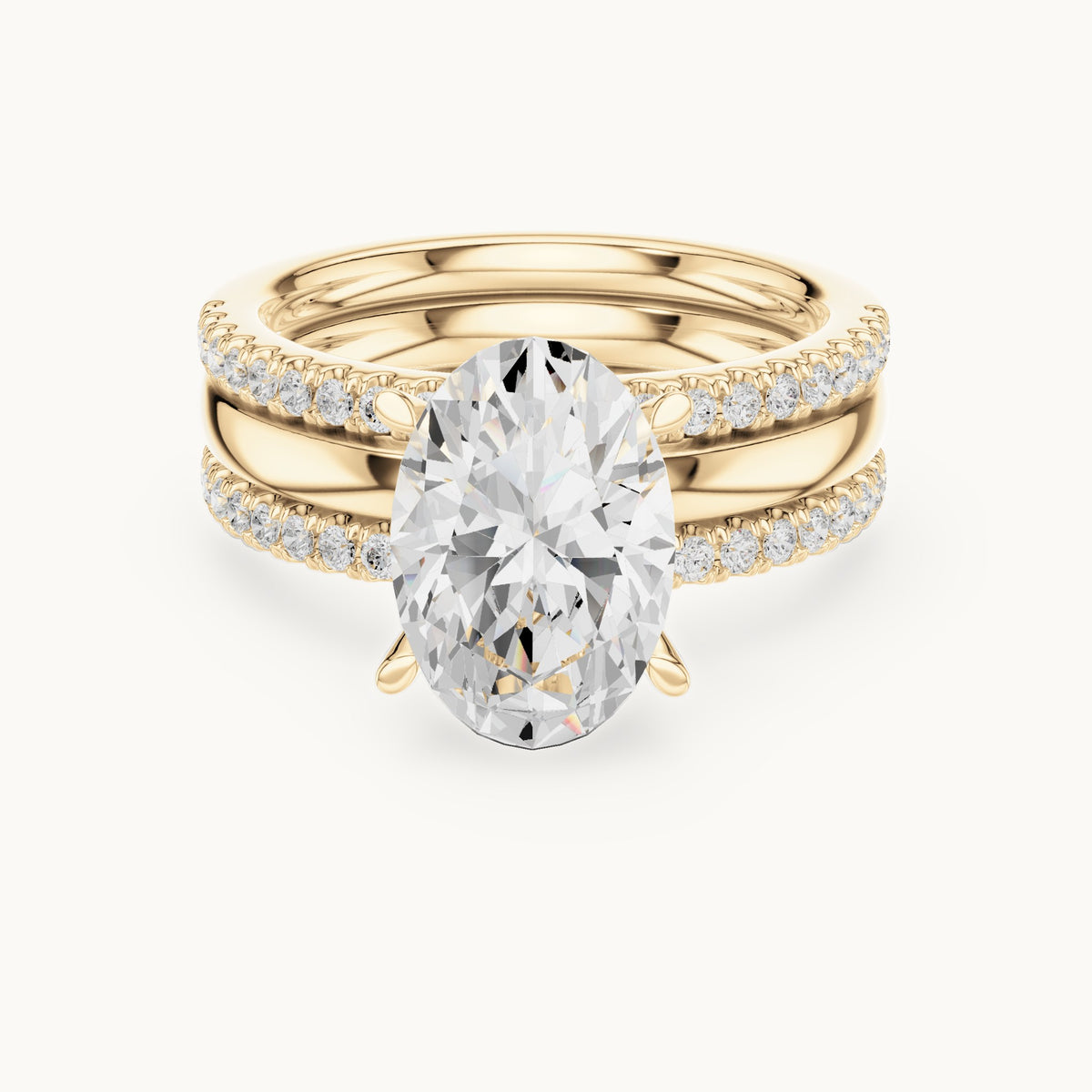 Oval lab-grown diamond three-piece pavé bridal set in yellow gold, 3.50 CT TW, view 4