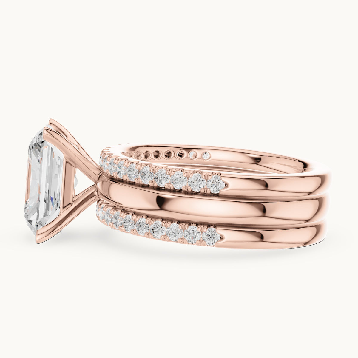 Radiant-cut lab-grown diamond three-piece pavé bridal set in rose gold, 3.50 CT TW, view 3