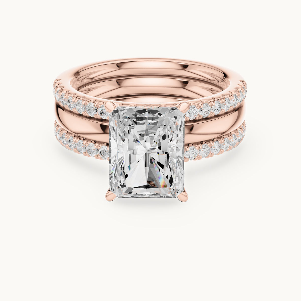 Radiant-cut lab-grown diamond three-piece pavé bridal set in rose gold, 3.50 CT TW, view 4