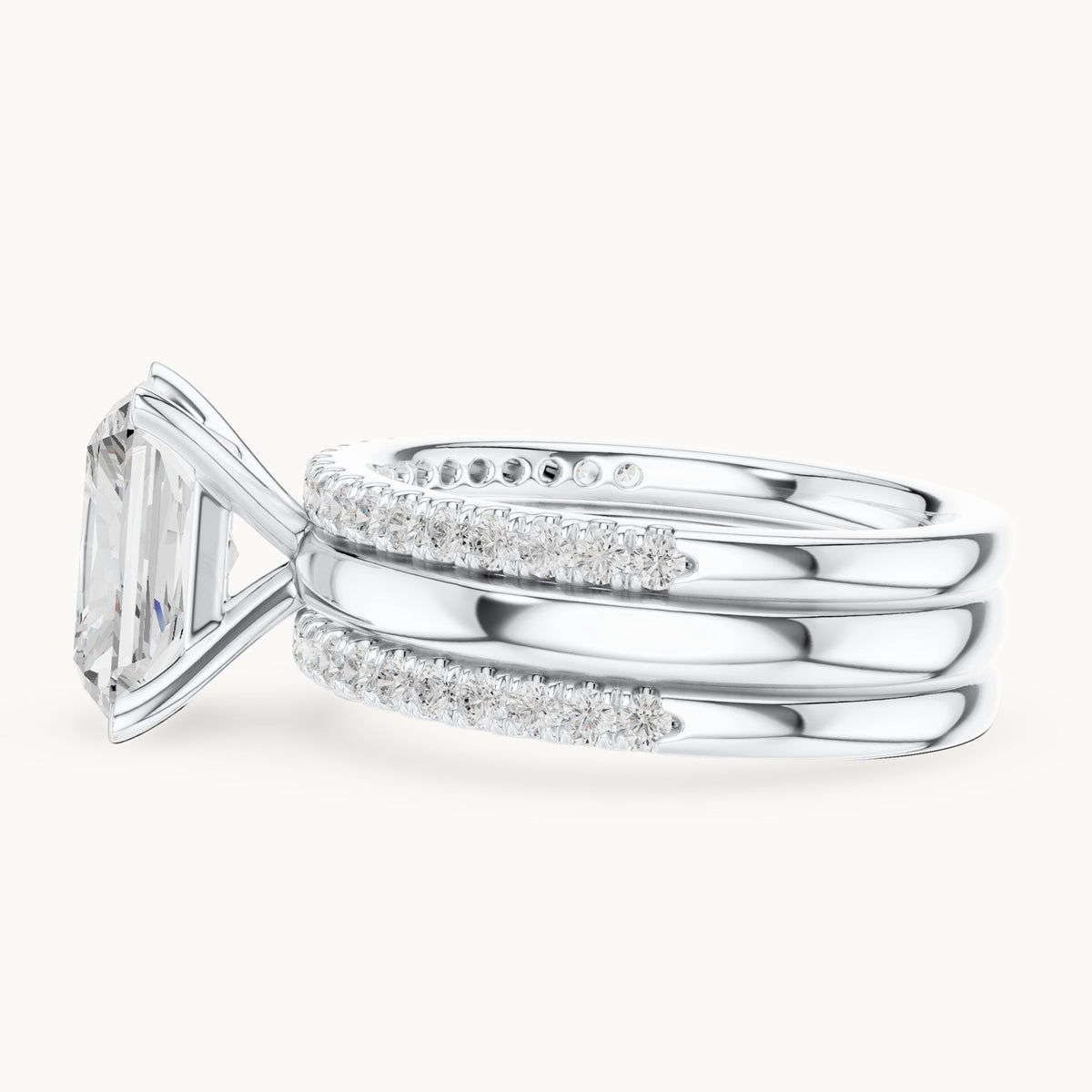 Radiant-cut lab-grown diamond three-piece pavé bridal set in white gold, 3.50 CT TW, view 3