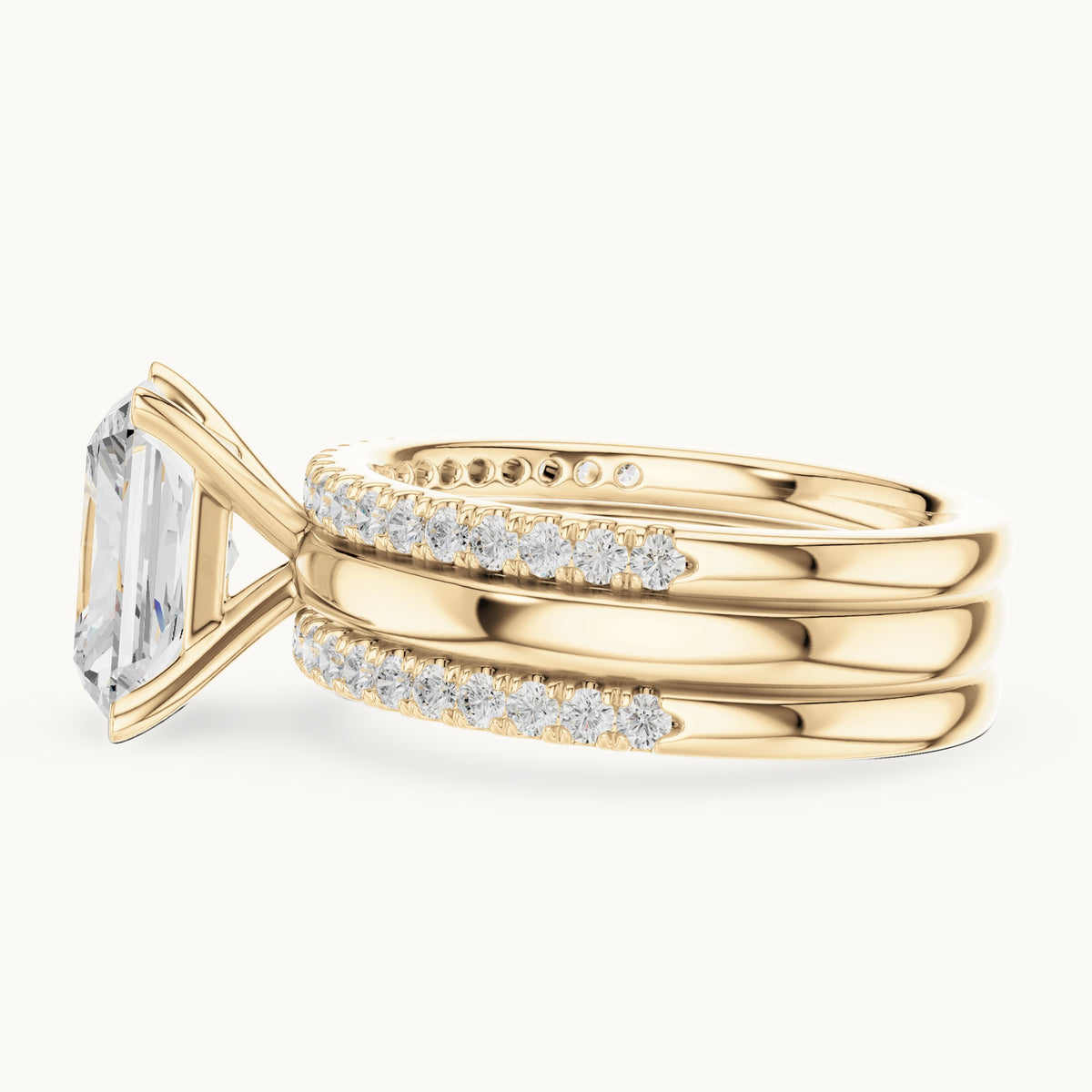Radiant-cut lab-grown diamond three-piece pavé bridal set in yellow gold, 3.50 CT TW, view 3