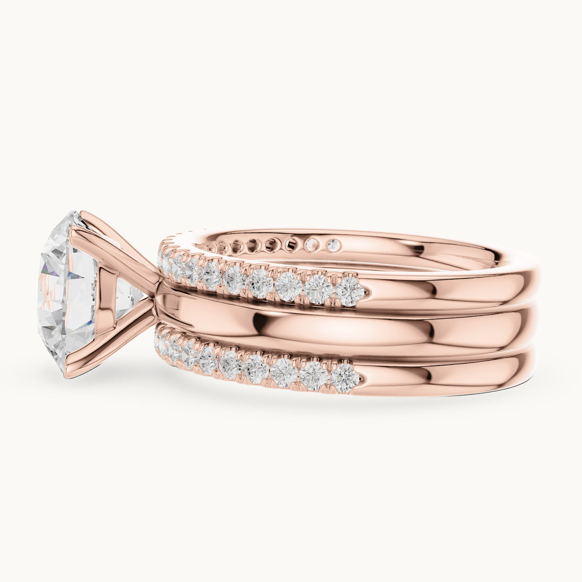 Round lab-grown diamond three-piece pavé bridal set in rose gold, 3.50 CT TW, view 3