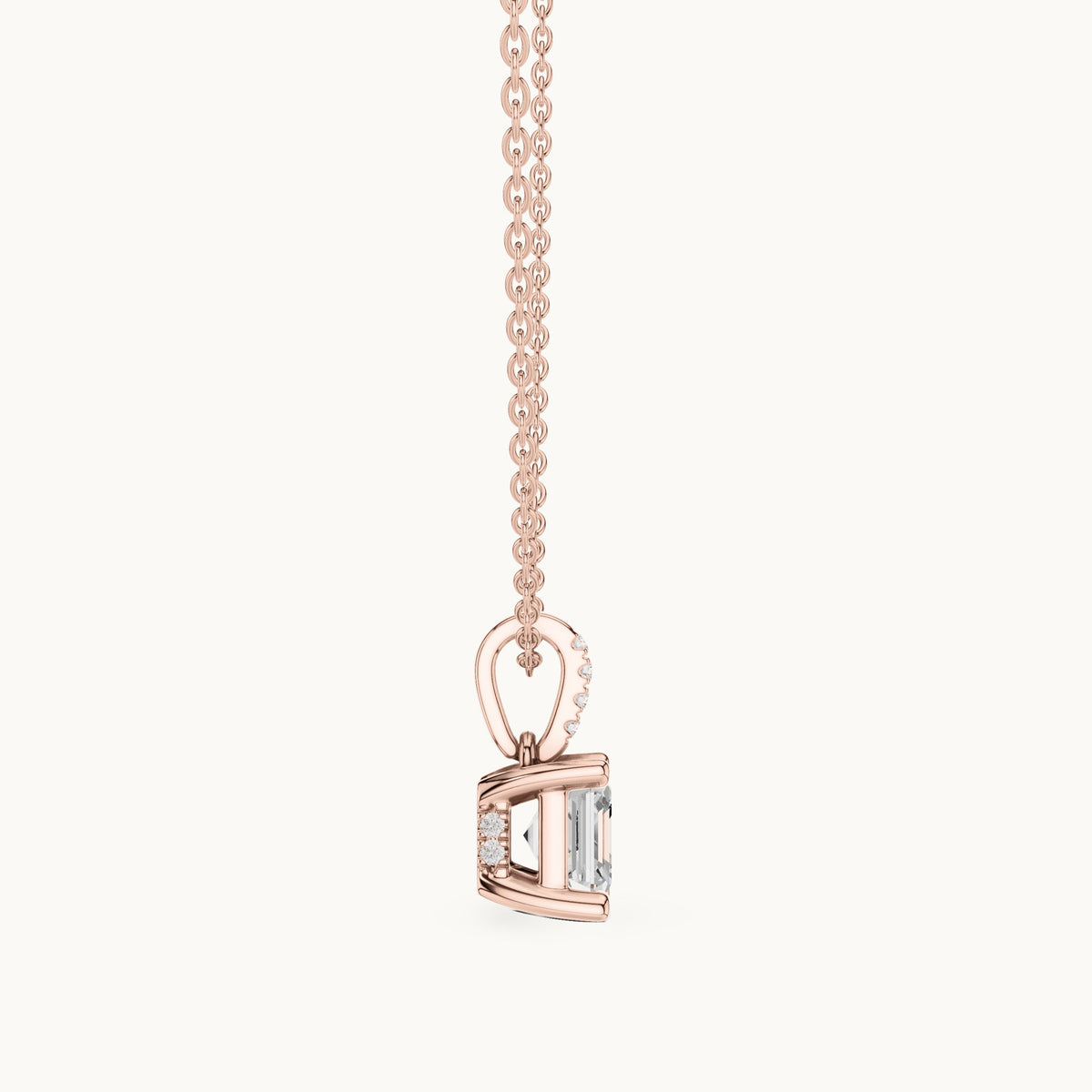 Asscher-cut lab-grown diamond pavé bail solitaire pendant in rose gold, 1.61 CT TW, view 3